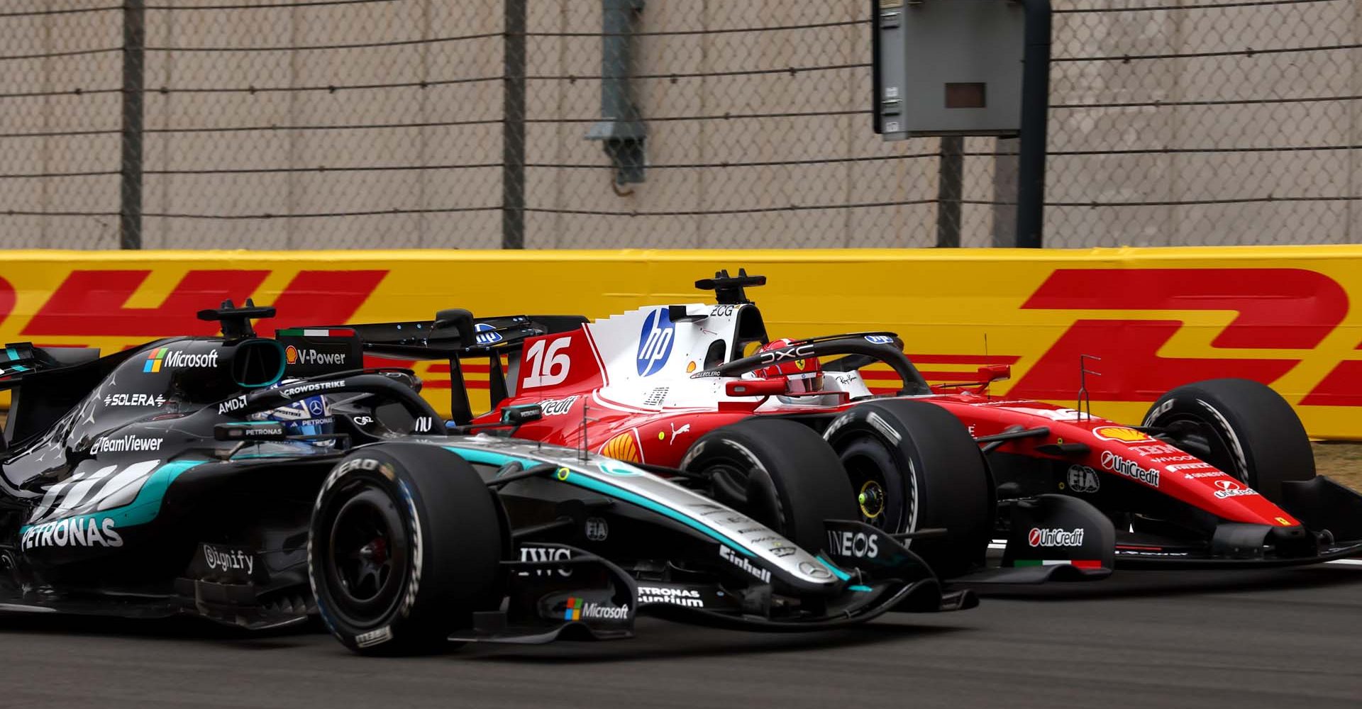 Chinese Grand Prix, Sunday, Getty Images SHANGHAI, CHINA - MARCH 15: Charles Leclerc of Monaco driving the (16) Scuderia Ferrari SF-26 and George Russell of Great Britain driving the (63) Mercedes AMG Petronas F1 Team W17 battle for track position during the F1 Grand Prix of China at Shanghai International Circuit on March 15, 2026 in Shanghai, China. (Photo by Andy Hone/LAT Images)