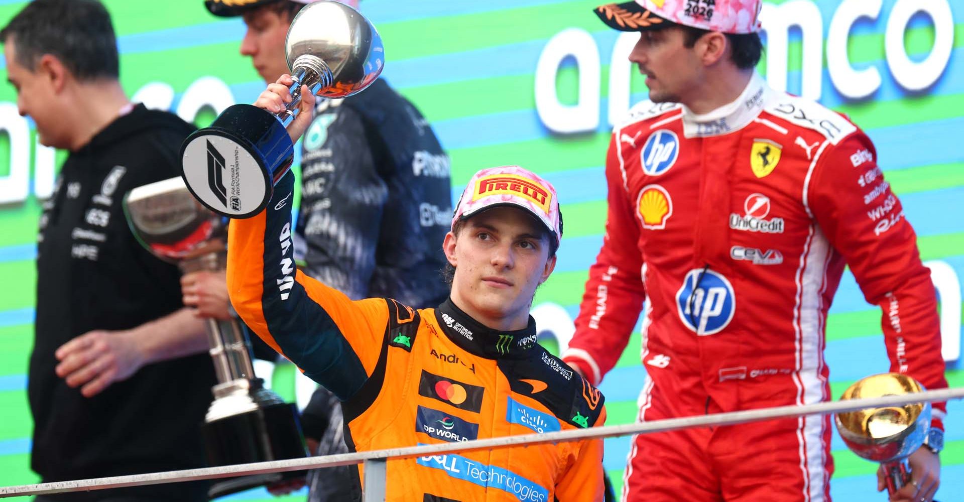 SUZUKA, JAPAN - MARCH 29: Second placed Oscar Piastri of Australia and McLaren on the podium with his trophy during the F1 Grand Prix of Japan at Suzuka Circuit on March 29, 2026 in Suzuka, Japan. (Photo by Clive Mason/Getty Images)