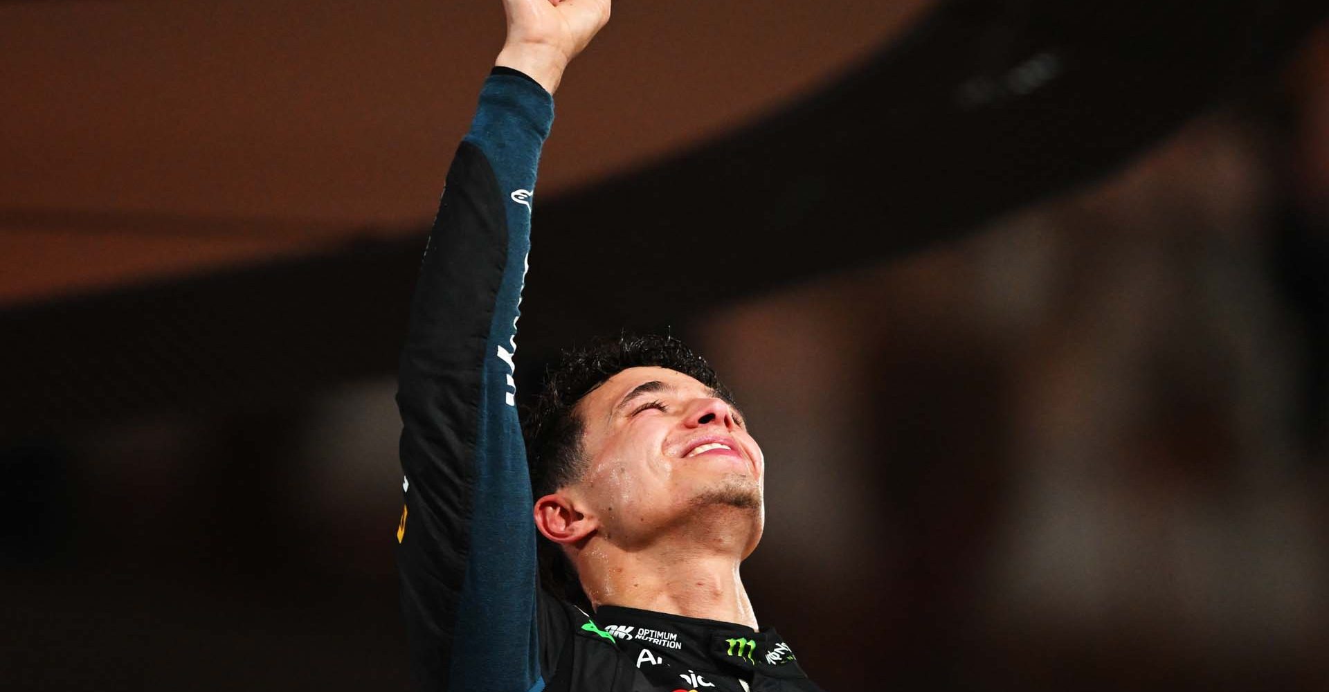 ABU DHABI, UNITED ARAB EMIRATES - DECEMBER 07: 2025 F1 World Drivers Champion and Third placed Lando Norris of Great Britain and McLaren celebrates on the podium during the F1 Grand Prix of Abu Dhabi at Yas Marina Circuit on December 07, 2025 in Abu Dhabi, United Arab Emirates. (Photo by Rudy Carezzevoli/Getty Images)