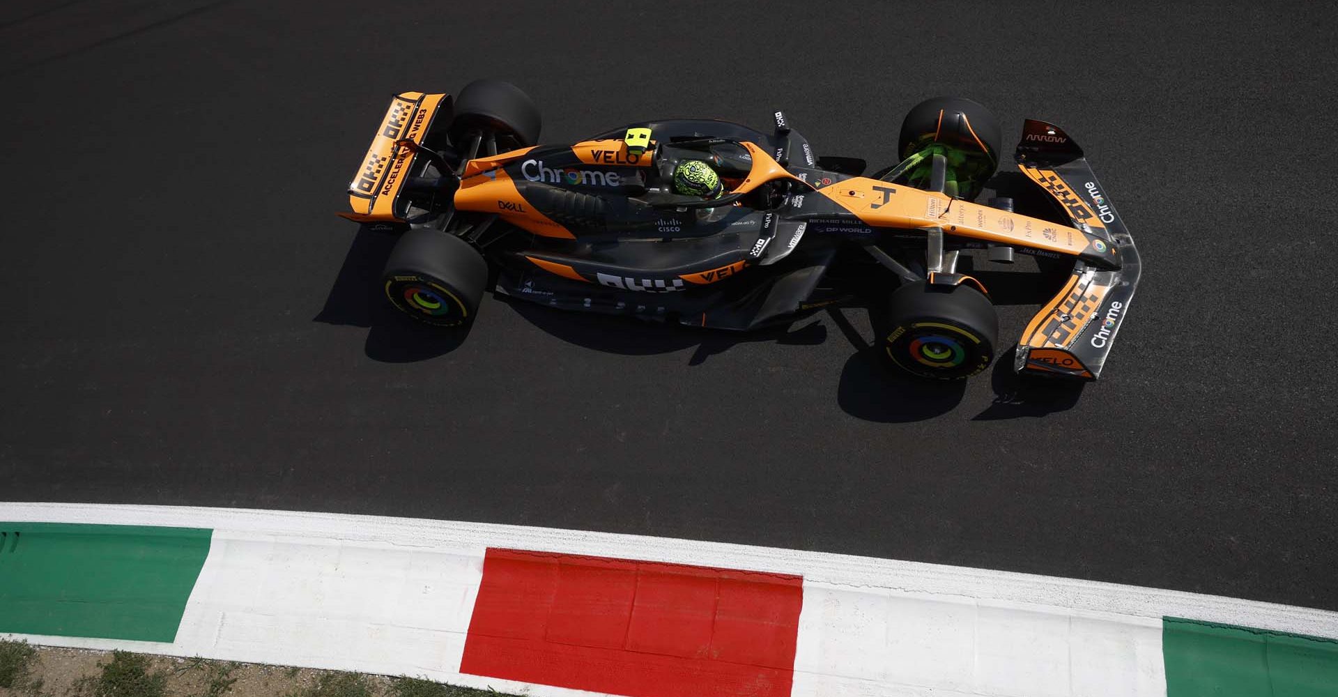 AUTODROMO NAZIONALE MONZA, ITALY - AUGUST 30: Lando Norris, McLaren MCL38 during the Italian GP at Autodromo Nazionale Monza on Friday August 30, 2024 in Monza, Italy. (Photo by Zak Mauger / LAT Images)