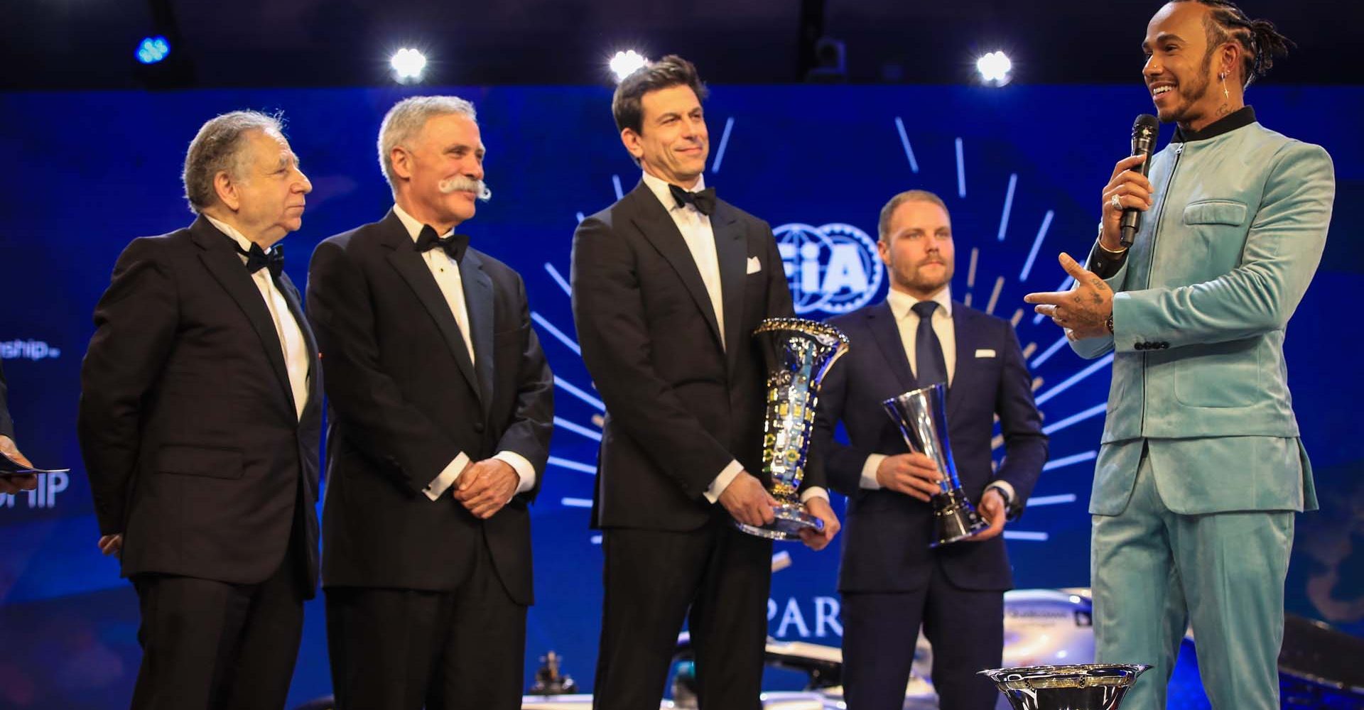 Jean Todt, Chase Carey, Toto Wolff, Valtteri Bottas Lewis Hamilton, Mercedes