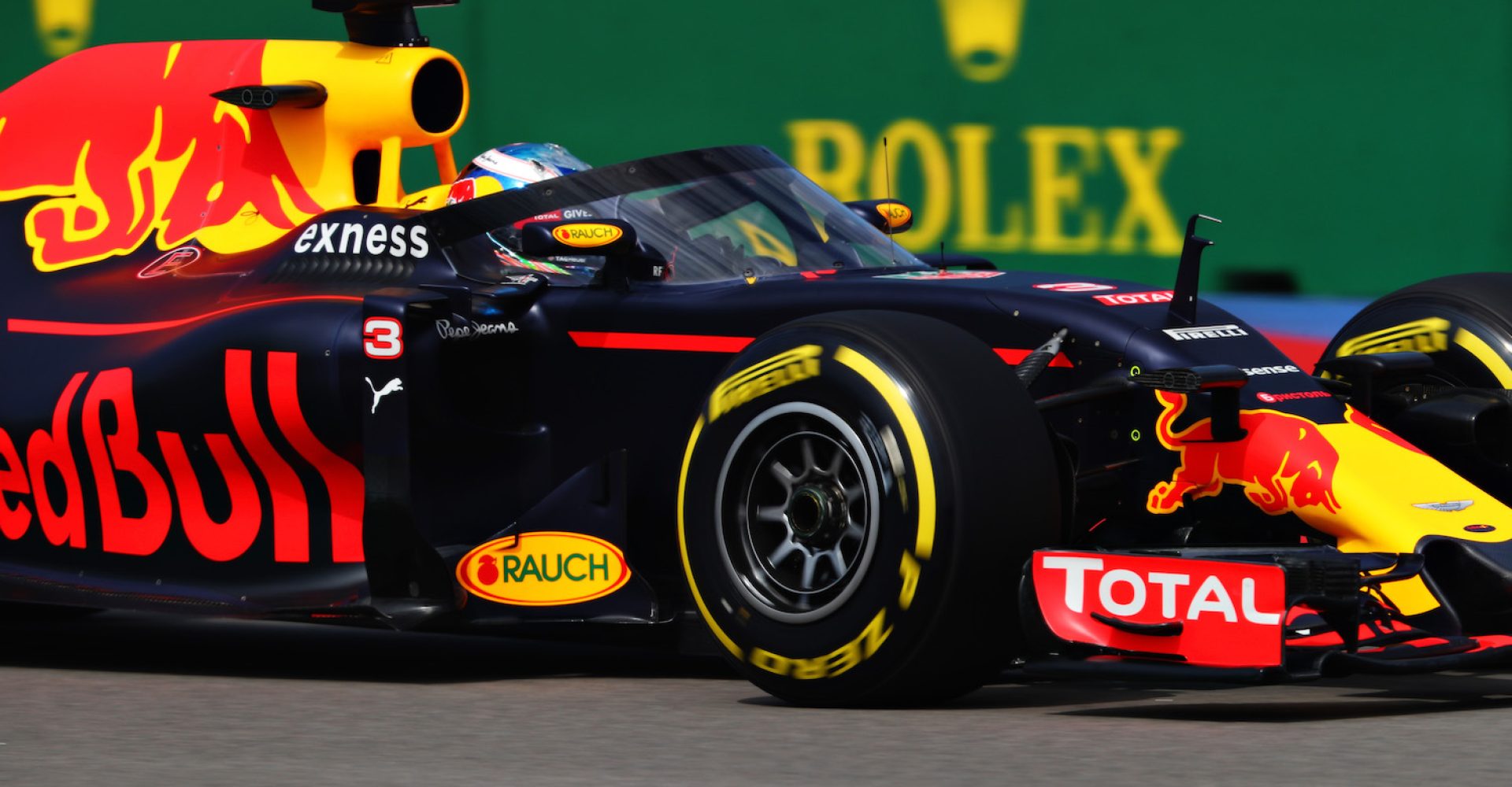 SOCHI, RUSSIA - APRIL 29: Daniel Ricciardo of Australia driving the (3) Red Bull Racing Red Bull-TAG Heuer RB12 TAG Heuer fitted with the aeroscreen on track during practice for the Formula One Grand Prix of Russia at Sochi Autodrom on April 29, 2016 in Sochi, Russia.  (Photo by Clive Mason/Getty Images)