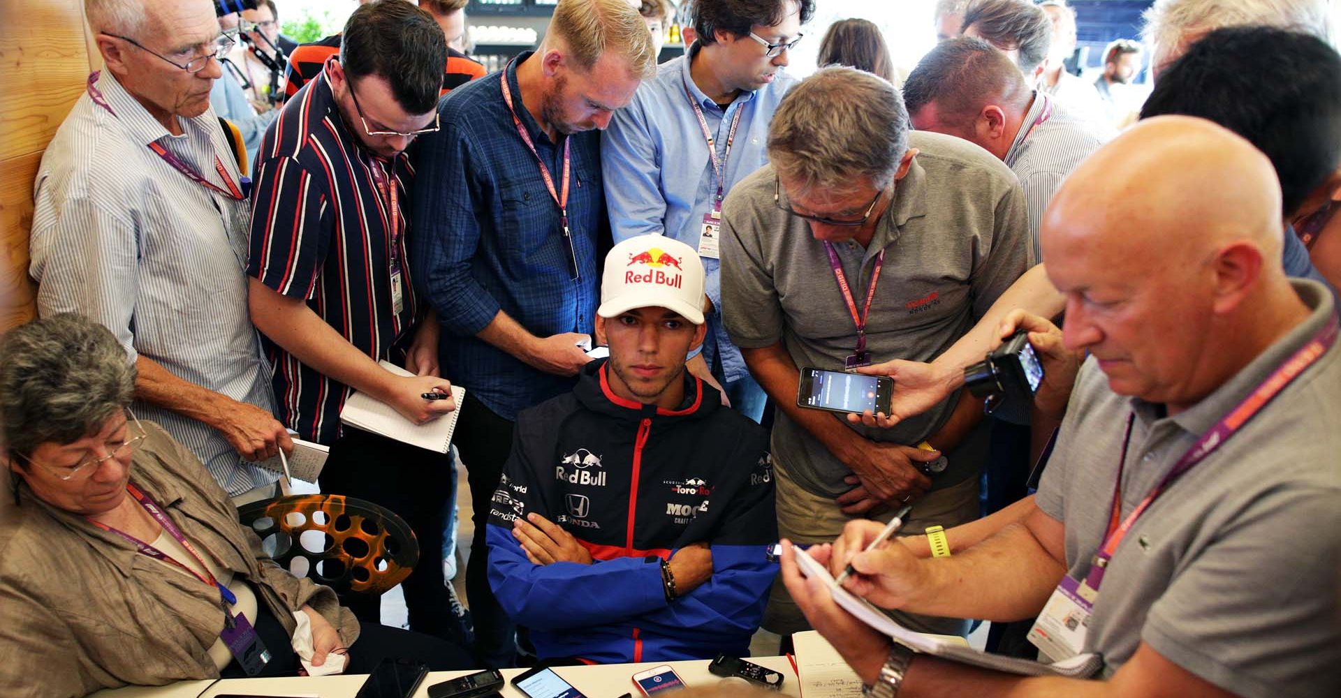 SPA, BELGIUM - AUGUST 29: Pierre Gasly of France and Scuderia Toro Rosso talks to the media in the Paddock during previews ahead of the F1 Grand Prix of Belgium at Circuit de Spa-Francorchamps on August 29, 2019 in Spa, Belgium. (Photo by Peter Fox/Getty Images) // Getty Images / Red Bull Content Pool  // AP-21DJRJAXN1W11 // Usage for editorial use only //