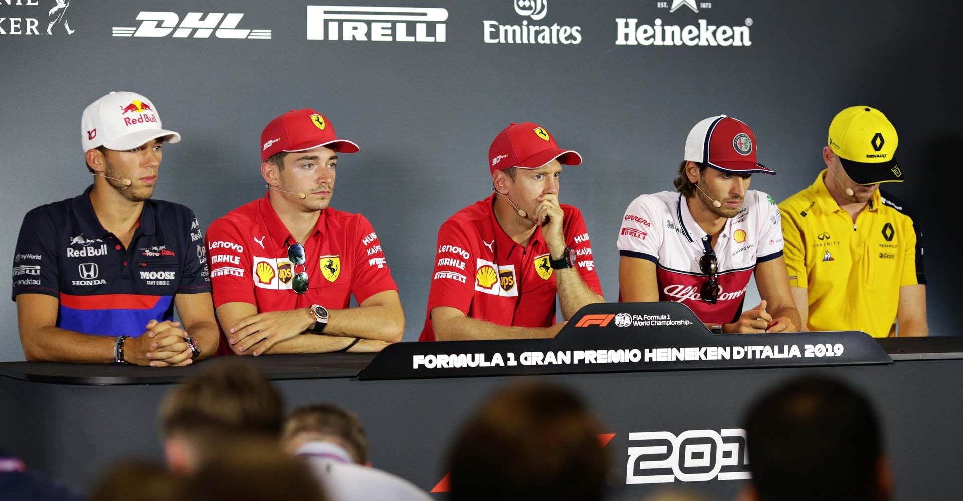 MONZA, ITALY - SEPTEMBER 05: A general view of the Drivers Press Conference with Pierre Gasly of France and Scuderia Toro Rosso, Charles Leclerc of Monaco and Ferrari, Sebastian Vettel of Germany and Ferrari, Antonio Giovinazzi of Italy and Alfa Romeo Racing and Nico Hulkenberg of Germany and Renault Sport F1 during previews ahead of the F1 Grand Prix of Italy at Autodromo di Monza on September 05, 2019 in Monza, Italy. (Photo by Peter Fox/Getty Images) // Getty Images / Red Bull Content Pool  // AP-21FUBQE4H1W11 // Usage for editorial use only //