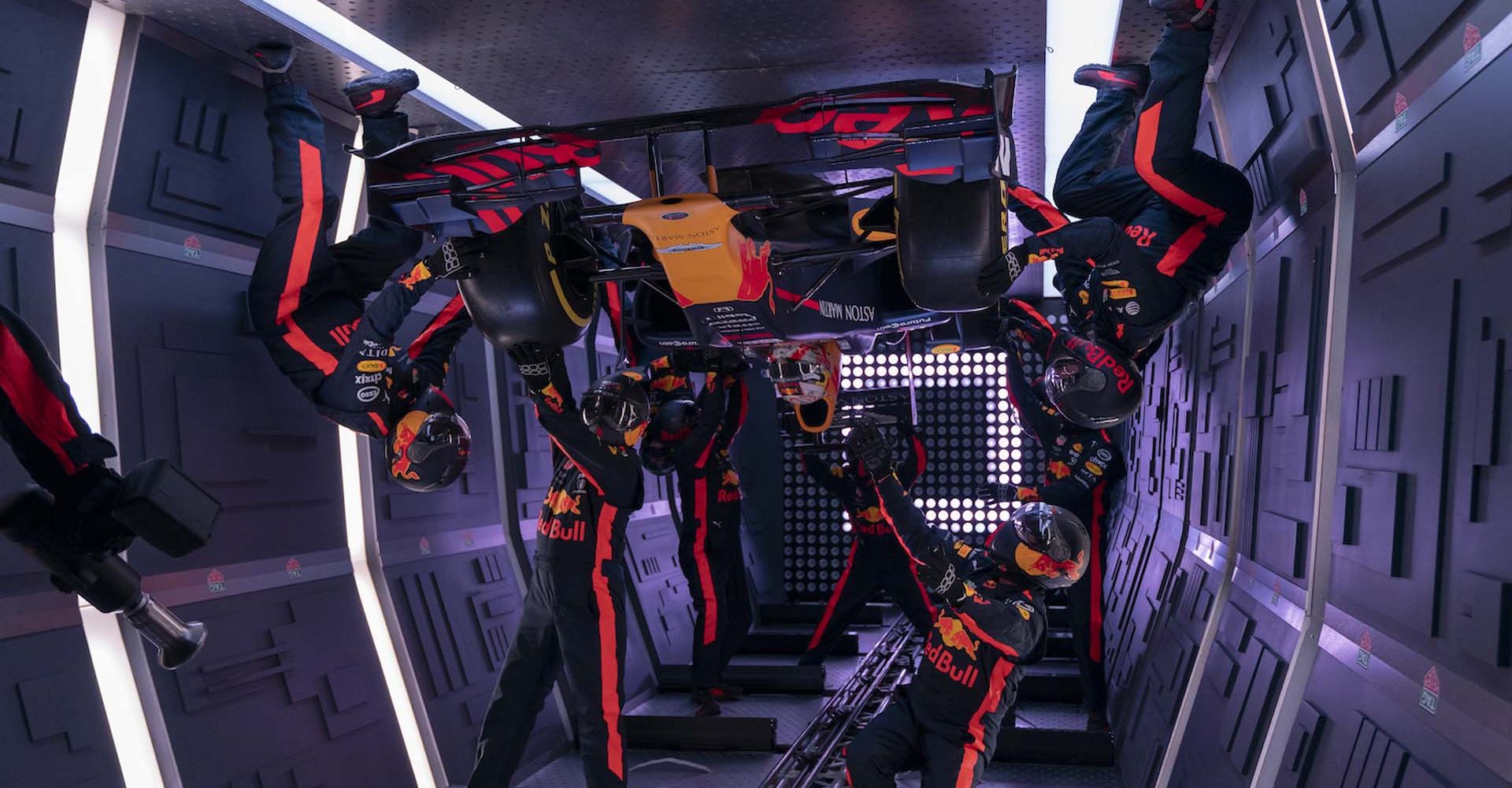 Aston Martin Red Bull Racing team perform a pit stop during the ZeroG project in Moscow, Russia on September 14, 2019