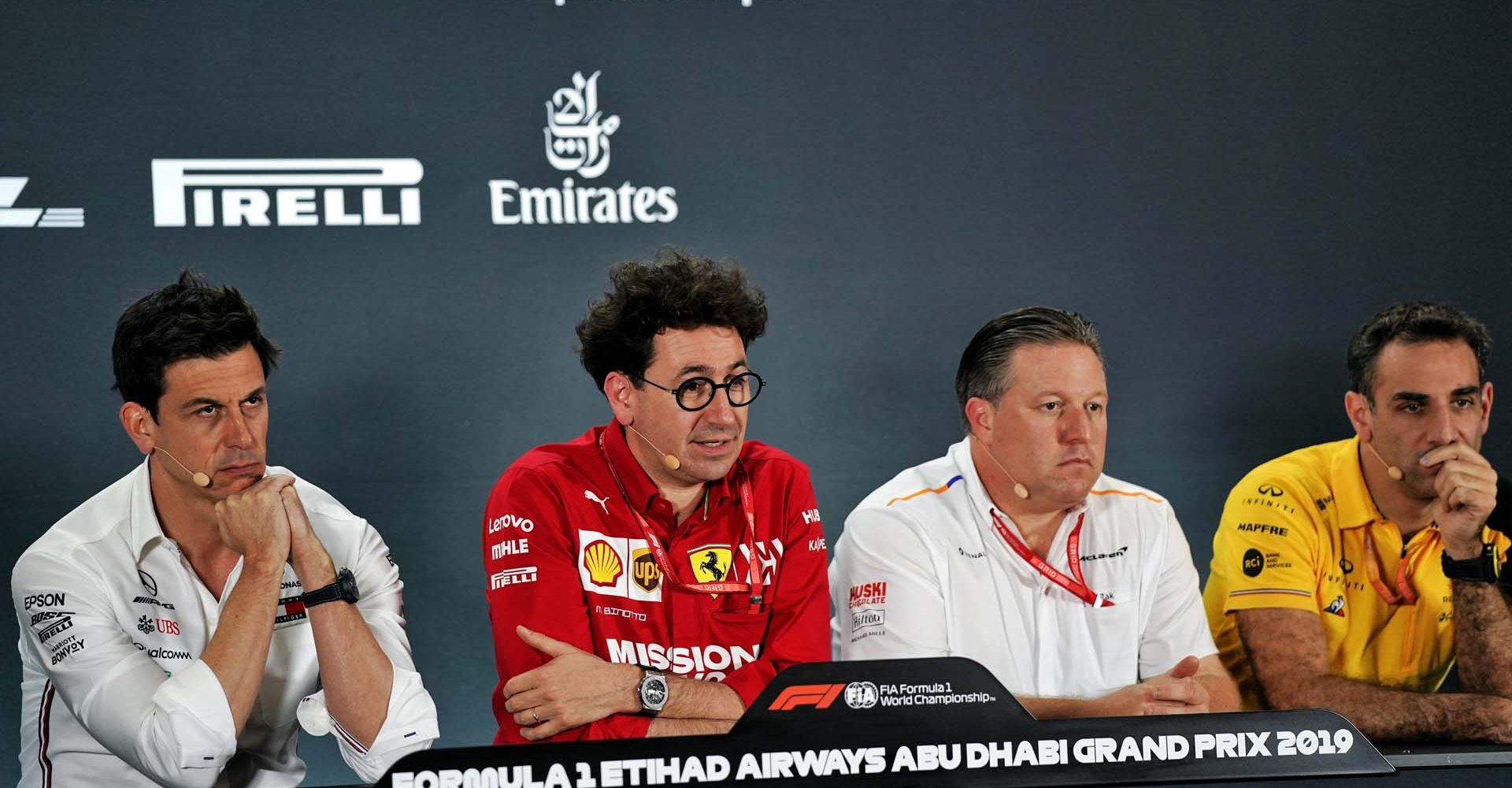 The FIA Press Conference (L to R): Toto Wolff (GER) Mercedes AMG F1 Shareholder and Executive Director; Mattia Binotto (ITA) Ferrari Team Principal; Zak Brown (USA) McLaren Executive Director; Cyril Abiteboul (FRA) Renault Sport F1 Managing Director.                               
Abu Dhabi Grand Prix, Friday 29th November 2019. Yas Marina Circuit, Abu Dhabi, UAE.