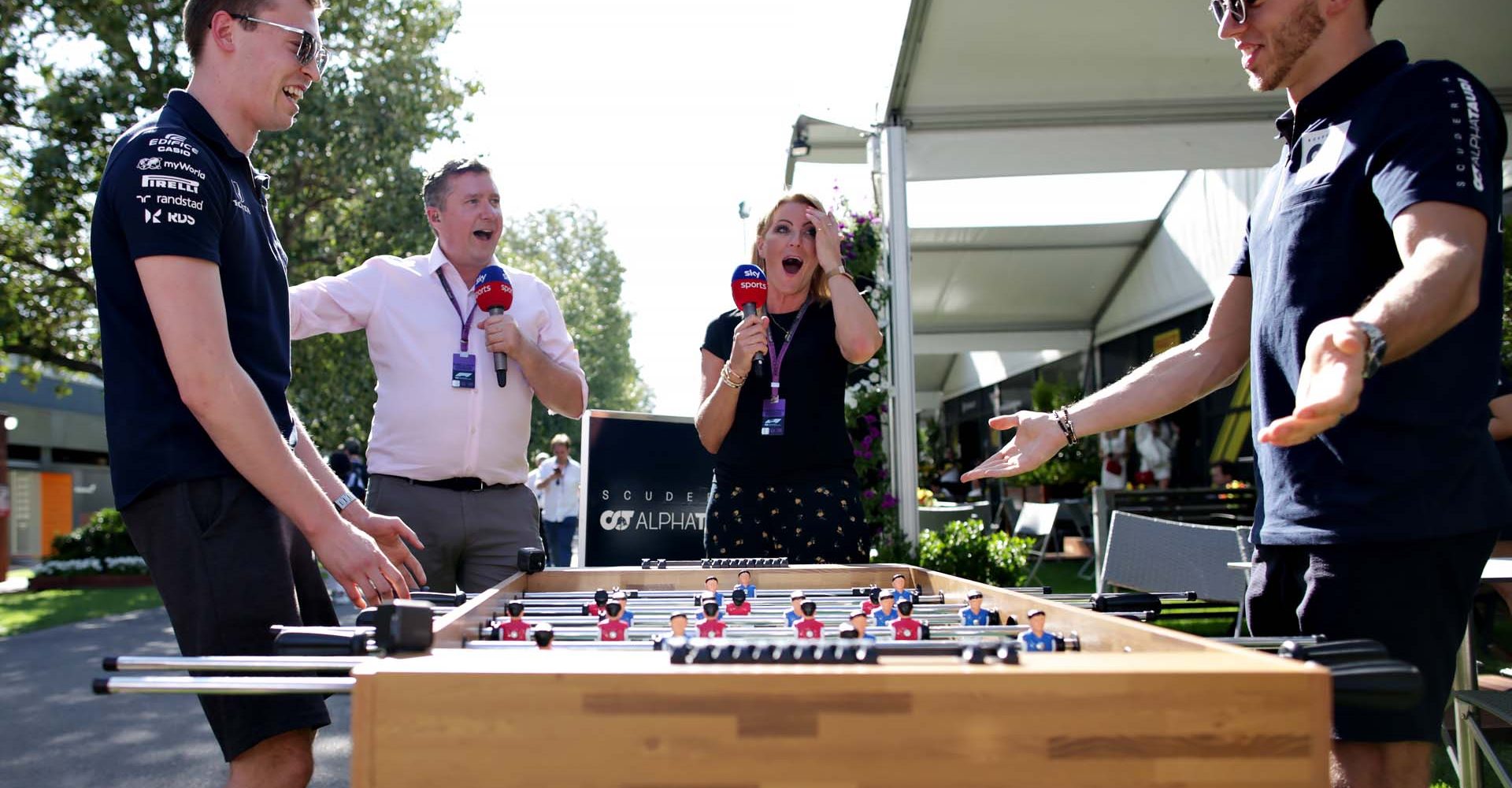 MELBOURNE, AUSTRALIA - MARCH 12: Pierre Gasly of France and Scuderia AlphaTauri and Daniil Kvyat of Russia and Scuderia AlphaTauri play table football in the Paddock during previews ahead of the F1 Grand Prix of Australia at Melbourne Grand Prix Circuit on March 12, 2020 in Melbourne, Australia. (Photo by Peter Fox/Getty Images) // Getty Images / Red Bull Content Pool  // AP-23CJJSMZD1W11 // Usage for editorial use only //