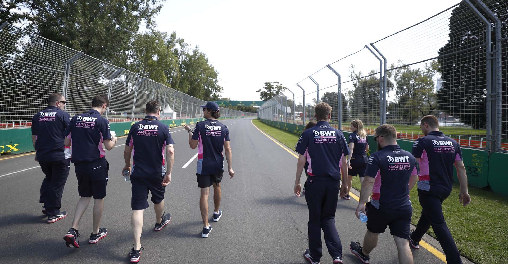 Lance Stroll, Racing Point on his track walk with members of the team.