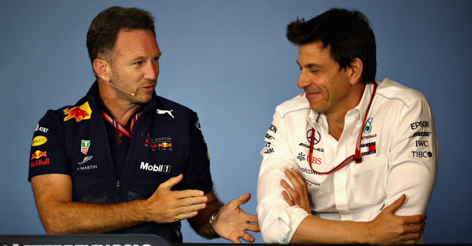 SPIELBERG, AUSTRIA - JUNE 29:  Red Bull Racing Team Principal Christian Horner and Mercedes GP Executive Director Toto Wolff in the Team Principals Press Conference during practice for the Formula One Grand Prix of Austria at Red Bull Ring on June 29, 2018 in Spielberg, Austria.  (Photo by Mark Thompson/Getty Images)