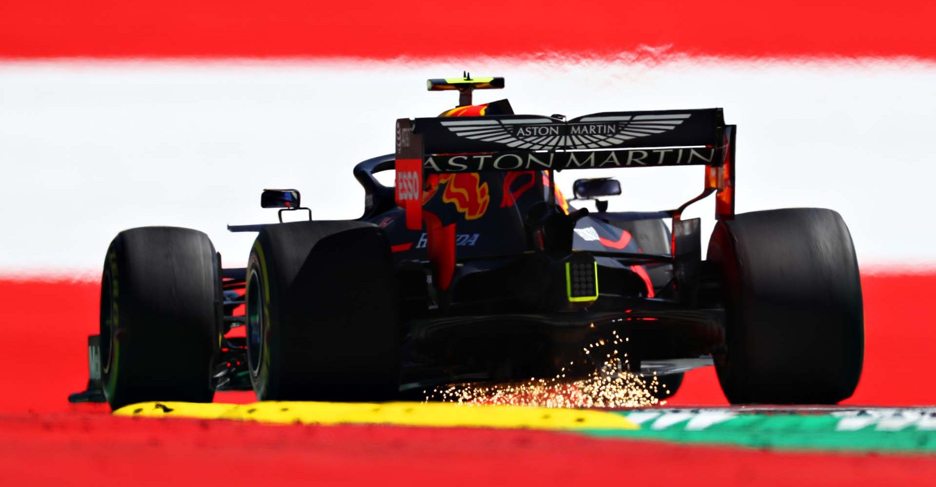 SPIELBERG, AUSTRIA - JUNE 28: Sparks fly behind Pierre Gasly of France driving the (10) Aston Martin Red Bull Racing RB15 during practice for the F1 Grand Prix of Austria at Red Bull Ring on June 28, 2019 in Spielberg, Austria. (Photo by Mark Thompson/Getty Images) // Getty Images / Red Bull Content Pool  // AP-1ZSNNKF612111 // Usage for editorial use only // Please go to www.redbullcontentpool.com for further information. //