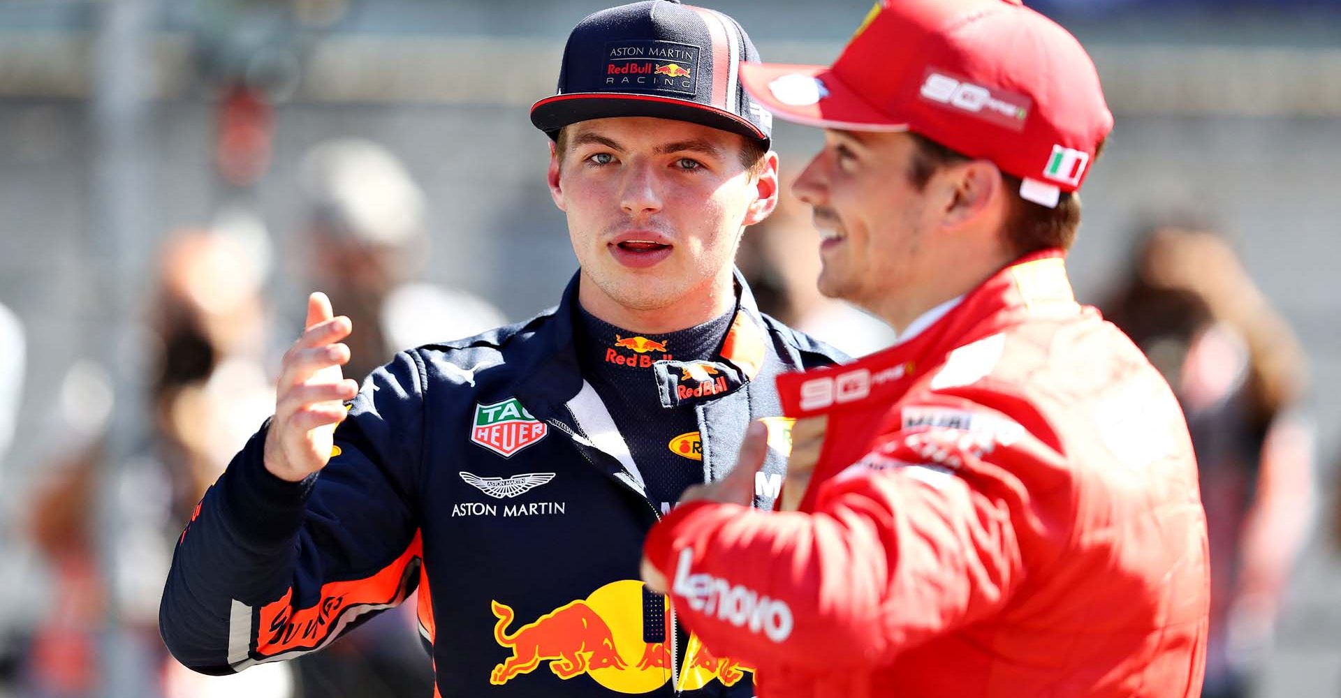 SPIELBERG, AUSTRIA - JUNE 29: Pole position qualifier Charles Leclerc of Monaco and Ferrari and third place qualifier Max Verstappen of Netherlands and Red Bull Racing talk in parc ferme during qualifying for the F1 Grand Prix of Austria at Red Bull Ring on June 29, 2019 in Spielberg, Austria. (Photo by Mark Thompson/Getty Images) // Getty Images / Red Bull Content Pool  // AP-1ZSYC1BQN1W11 // Usage for editorial use only // Please go to www.redbullcontentpool.com for further information. //