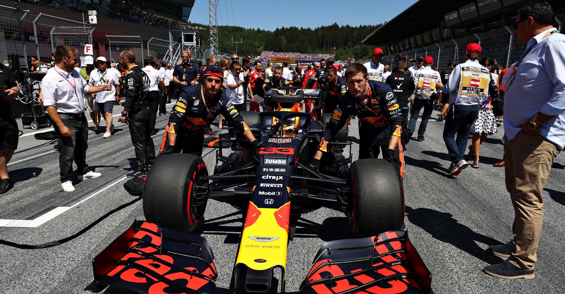 SPIELBERG, AUSTRIA - JUNE 30: Max Verstappen of Netherlands and Red Bull Racing is pushed onto the grid before the F1 Grand Prix of Austria at Red Bull Ring on June 30, 2019 in Spielberg, Austria. (Photo by Mark Thompson/Getty Images) // Getty Images / Red Bull Content Pool  // AP-1ZTB3BZ1S1W11 // Usage for editorial use only // Please go to www.redbullcontentpool.com for further information. //