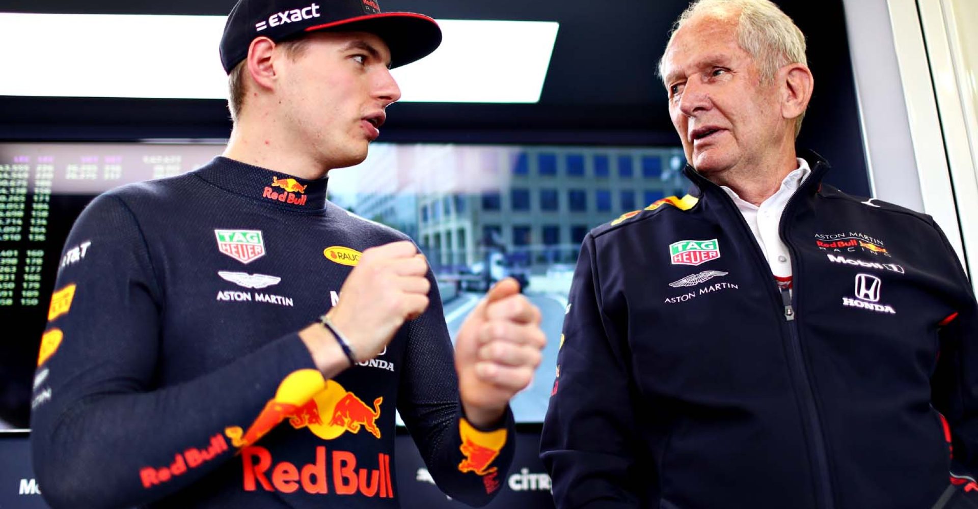 BAKU, AZERBAIJAN - APRIL 26: Max Verstappen of Netherlands and Red Bull Racing talks with Red Bull Racing Team Consultant Dr Helmut Marko in the garage during practice for the F1 Grand Prix of Azerbaijan at Baku City Circuit on April 26, 2019 in Baku, Azerbaijan. (Photo by Dan Istitene/Getty Images) // Getty Images / Red Bull Content Pool  // AP-1Z5ARFWP91W11 // Usage for editorial use only // Please go to www.redbullcontentpool.com for further information. //