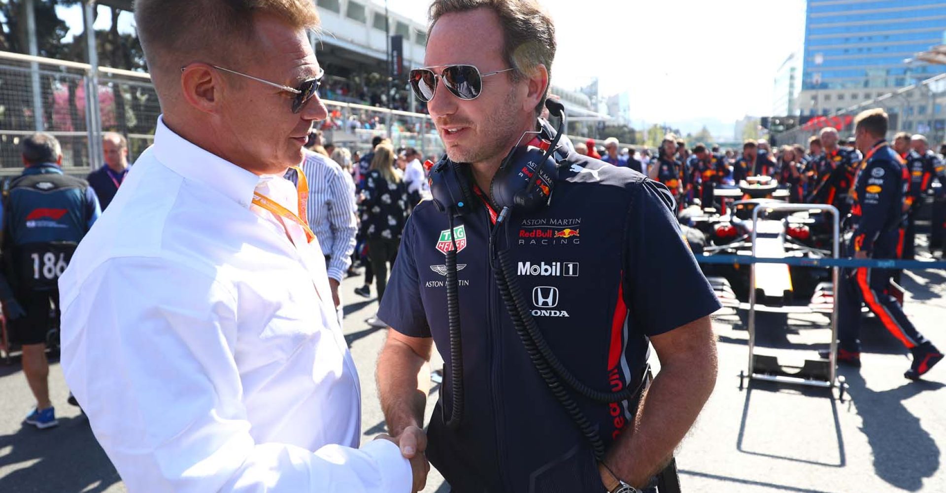 BAKU, AZERBAIJAN - APRIL 28: Red Bull Racing Team Principal Christian Horner talks with Mika Salo on the grid before the F1 Grand Prix of Azerbaijan at Baku City Circuit on April 28, 2019 in Baku, Azerbaijan. (Photo by Mark Thompson/Getty Images) // Getty Images / Red Bull Content Pool  // AP-1Z61ASRGS1W11 // Usage for editorial use only // Please go to www.redbullcontentpool.com for further information. //