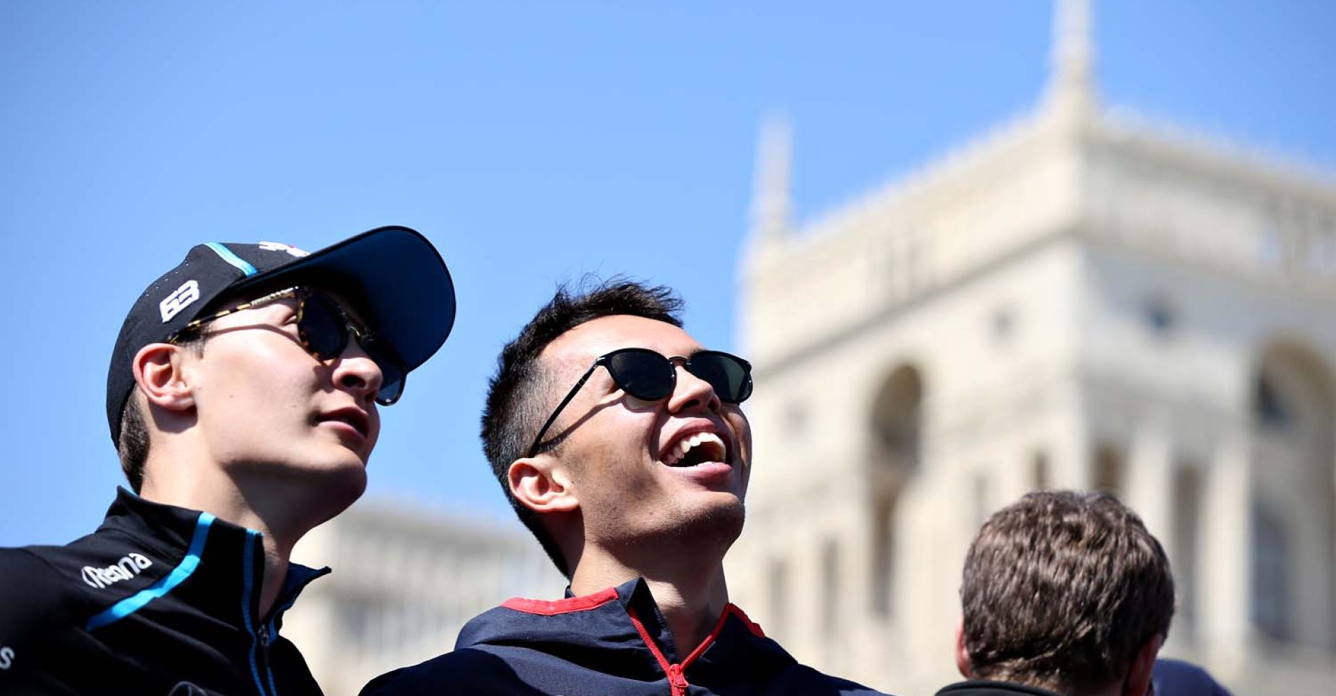 BAKU, AZERBAIJAN - APRIL 28: Alexander Albon of Thailand and Scuderia Toro Rosso and George Russell of Great Britain and Williams look on from the drivers parade before the F1 Grand Prix of Azerbaijan at Baku City Circuit on April 28, 2019 in Baku, Azerbaijan. (Photo by Charles Coates/Getty Images) // Getty Images / Red Bull Content Pool  // AP-1Z5YC3JZD1W11 // Usage for editorial use only // Please go to www.redbullcontentpool.com for further information. //