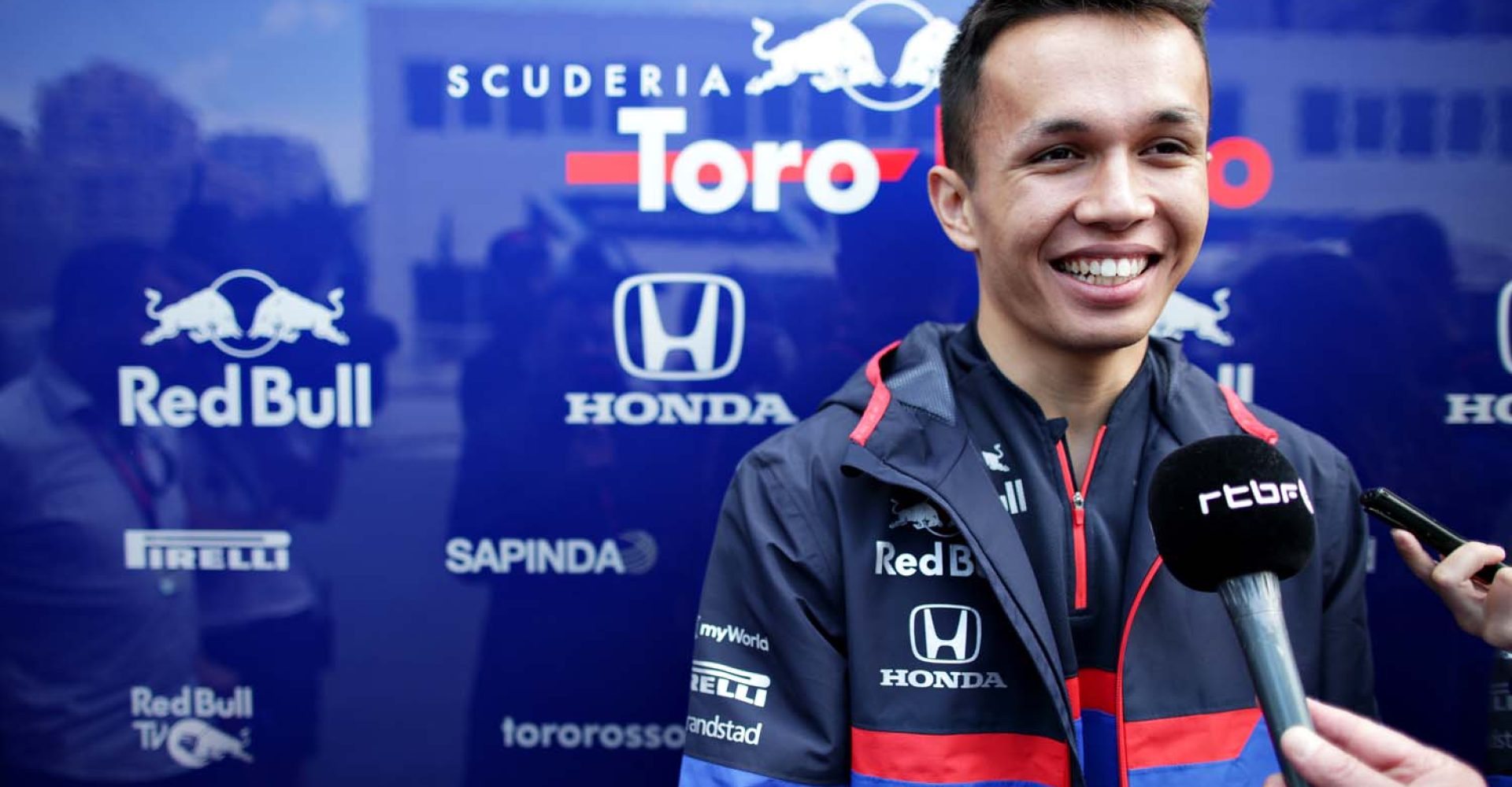 BAKU, AZERBAIJAN - APRIL 25: Alexander Albon of Thailand and Scuderia Toro Rosso talks to the media in the Paddock during previews ahead of the F1 Grand Prix of Azerbaijan at Baku City Circuit on April 25, 2019 in Baku, Azerbaijan. (Photo by Peter Fox/Getty Images) // Getty Images / Red Bull Content Pool  // AP-1Z4ZECWUW2511 // Usage for editorial use only // Please go to www.redbullcontentpool.com for further information. //