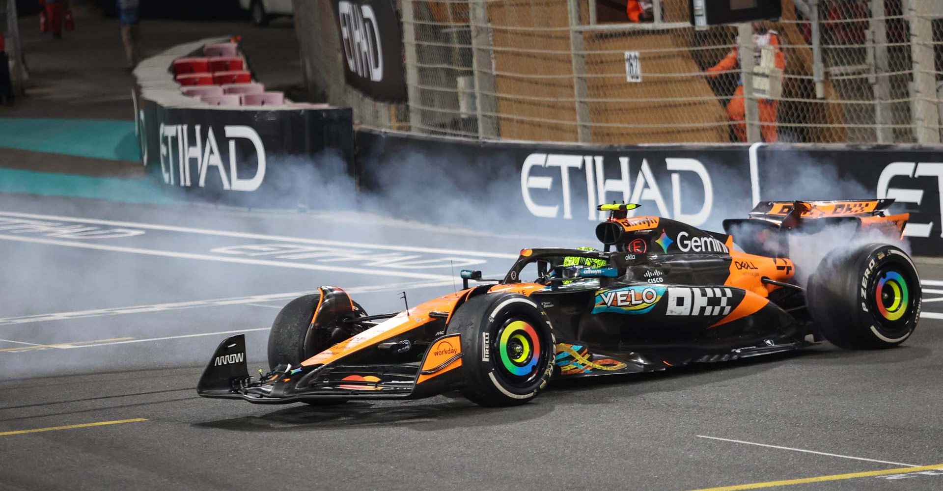 ABU DHABI, UNITED ARAB EMIRATES - DECEMBER 07: 2025 F1 World Drivers Champion and Third placed Lando Norris of Great Britain and McLaren celebrates during the F1 Grand Prix of Abu Dhabi at Yas Marina Circuit on December 07, 2025 in Abu Dhabi, United Arab Emirates.
