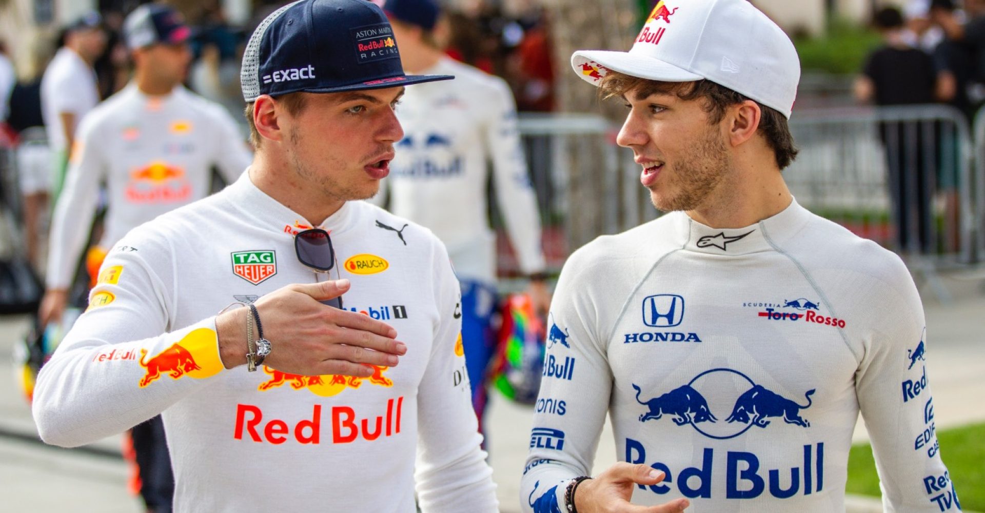 Max Verstappen (NED) Red Bull Racing and Pierre Gasly (FRA) Scuderia Toro Rosso at Formula One World Championship, Rd2, Bahrain Grand Prix, Preparations, Bahrain International Circuit, Sakhir, Bahrain, Thursday 5 April 2018.