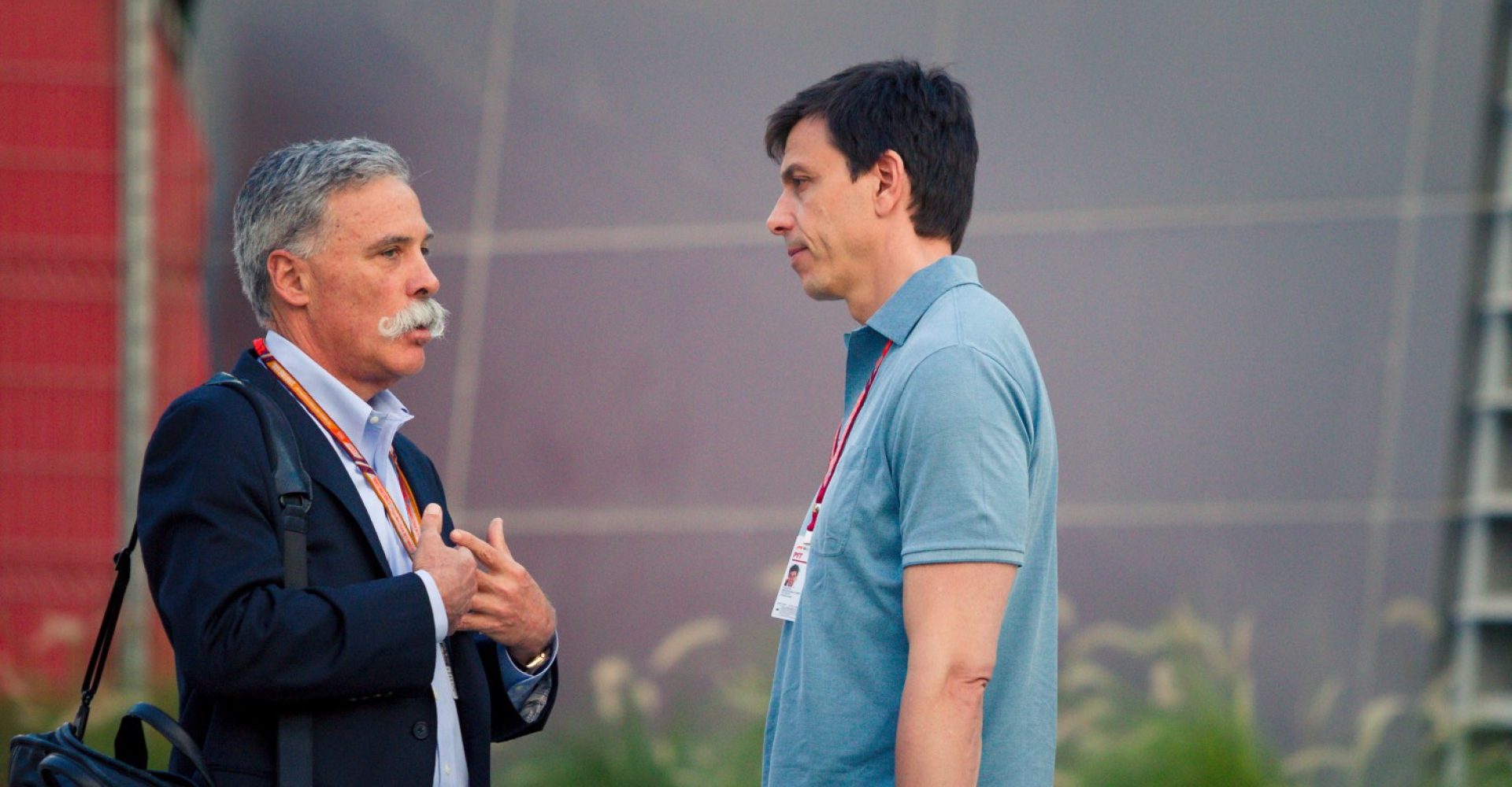 Chase Carey (USA) Chief Executive Officer and Executive Chairman of the Formula One Group and Toto Wolff (AUT) Mercedes AMG F1 Director of Motorsport at Formula One World Championship, Rd2, Bahrain Grand Prix, Preparations, Bahrain International Circuit, Sakhir, Bahrain, Thursday 5 April 2018.