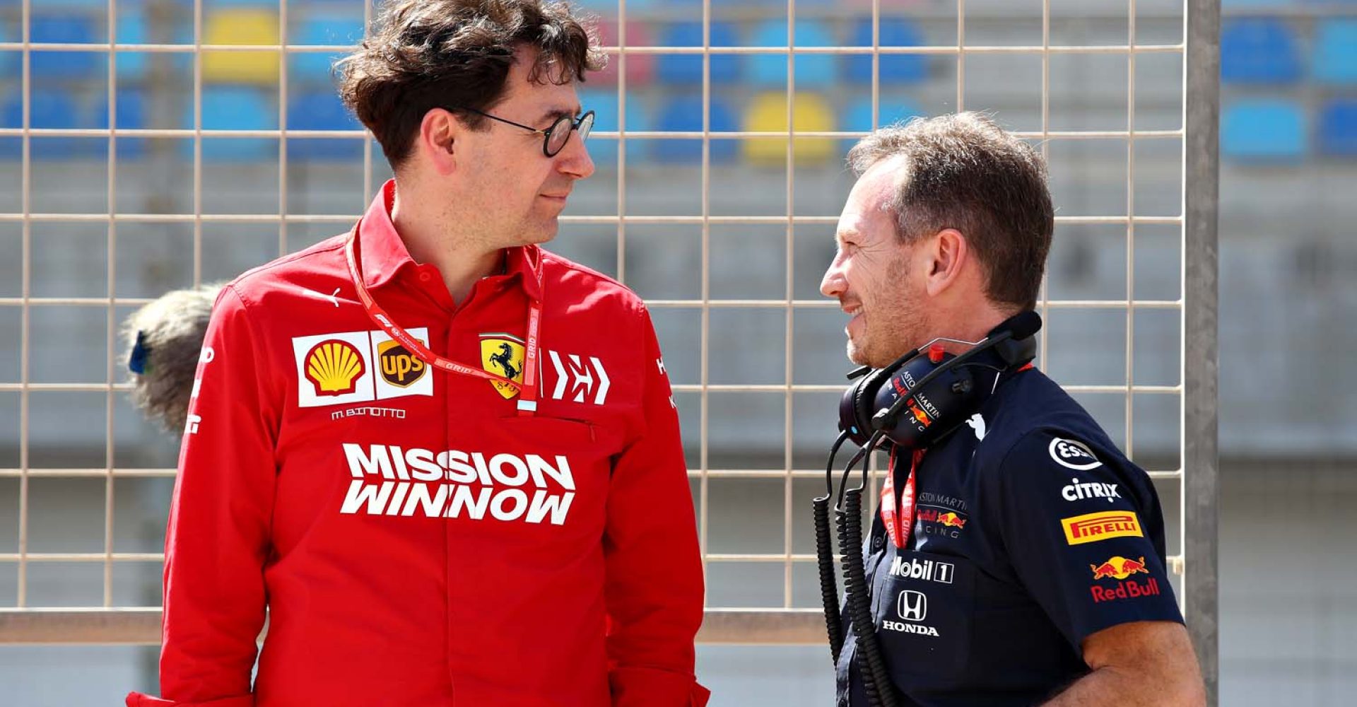 BAHRAIN, BAHRAIN - MARCH 29: Red Bull Racing Team Principal Christian Horner talks with Ferrari Team Principal Mattia Binotto during practice for the F1 Grand Prix of Bahrain at Bahrain International Circuit on March 29, 2019 in Bahrain, Bahrain. (Photo by Mark Thompson/Getty Images) // Getty Images / Red Bull Content Pool  // AP-1YVAQTM352111 // Usage for editorial use only // Please go to www.redbullcontentpool.com for further information. //