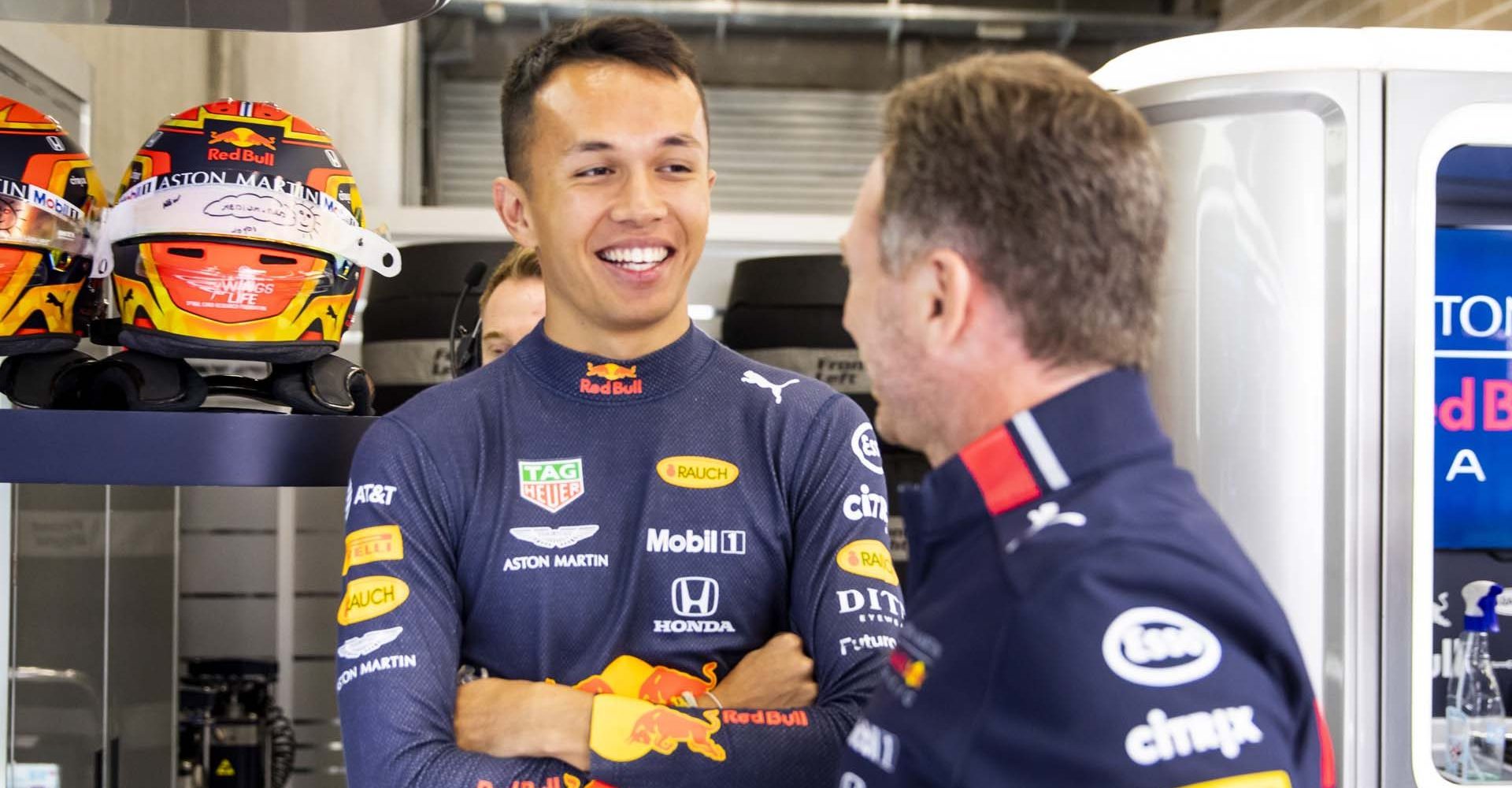 SPA, BELGIUM - AUGUST 30: Alexander Albon of Thailand and Red Bull Racing and Red Bull Racing Team Principal Christian Horner talk in the garage during practice for the F1 Grand Prix of Belgium at Circuit de Spa-Francorchamps on August 30, 2019 in Spa, Belgium. (Photo by Mark Thompson/Getty Images) // Getty Images / Red Bull Content Pool  // AP-21DUJZNP11W11 // Usage for editorial use only //