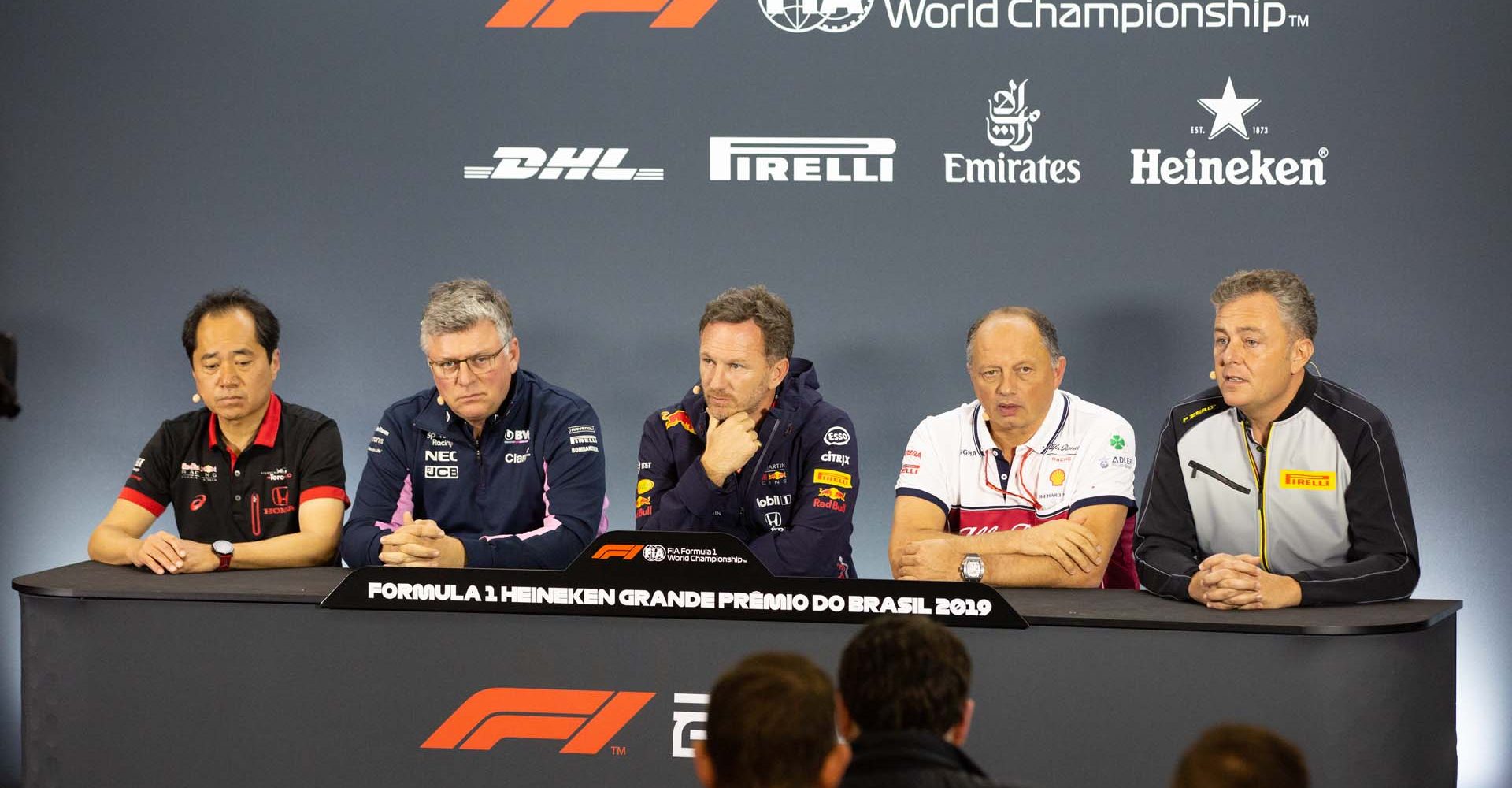 press conference TANABE Toyoharu (jpn) Honda Technical Director, SZAFNAUER Otmar (rom), Team Principal and CEO of SportPesa Racing Point F1, HORNER Christian  (gbr), Team Principal of Aston Martin Red Bull Racing, VASSEUR Frederic, Team Principal of Alfa Romeo Racing, ISOLA Mario (ita), Motorsport Racing Manager of Pirelli, portrait during the 2019 Formula One World Championship, Brazil Grand Prix from November 15 to 17 in Sao Paulo, Brazil - Photo Antonin Vincent / DPPI