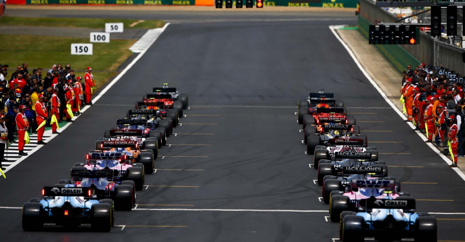 SILVERSTONE, UNITED KINGDOM - JULY 14: Rear of the grid at the start of the formation lap during the British GP at Silverstone on July 14, 2019 in Silverstone, United Kingdom. (Photo by Andy Hone / LAT Images)