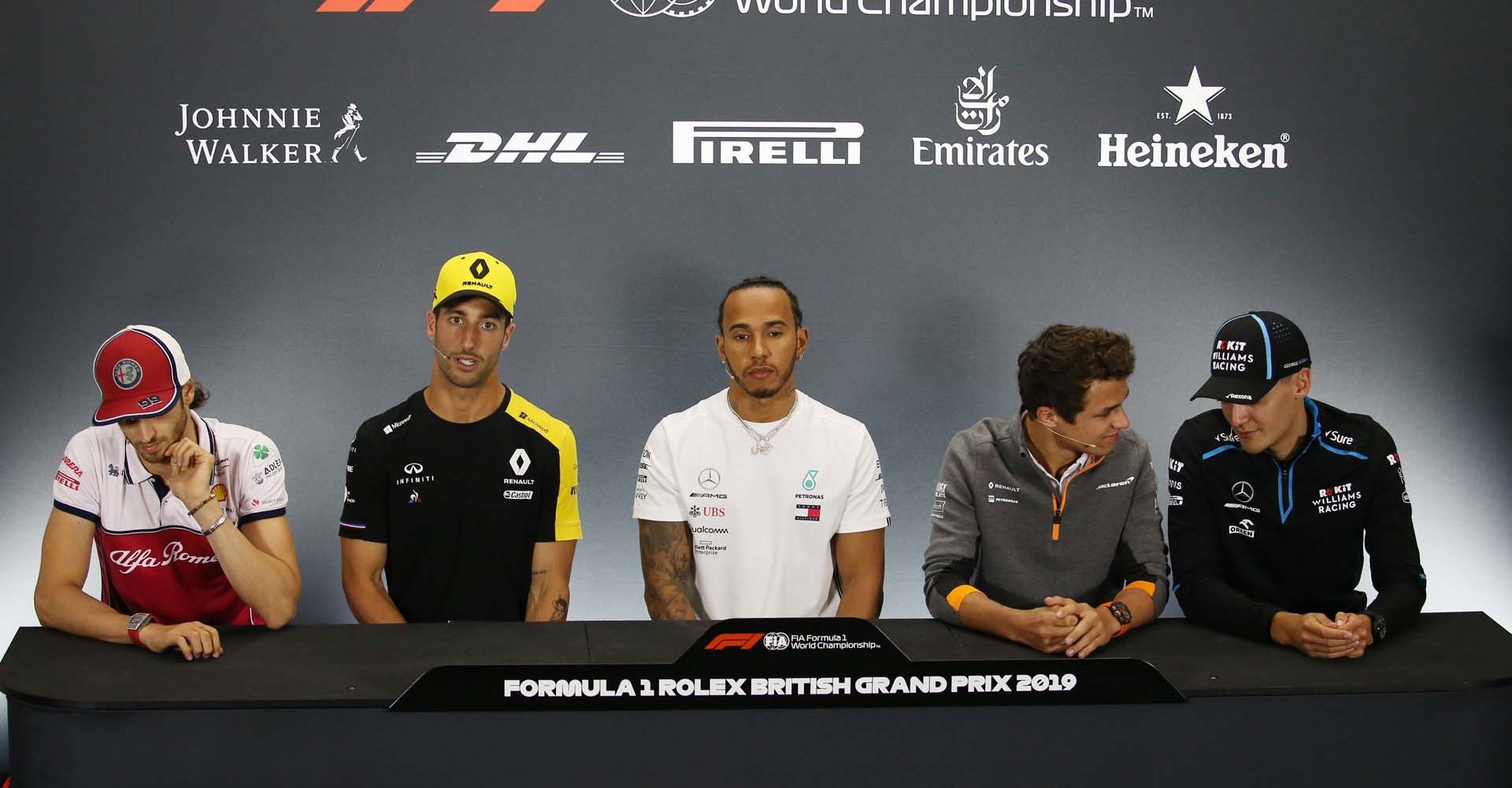 The FIA Press Conference (L to R): Antonio Giovinazzi (ITA) Alfa Romeo Racing; Daniel Ricciardo (AUS) Renault F1 Team; Lewis Hamilton (GBR) Mercedes AMG F1; Lando Norris (GBR) McLaren; George Russell (GBR) Williams Racing.
British Grand Prix, Thursday 11th July 2019. Silverstone, England.