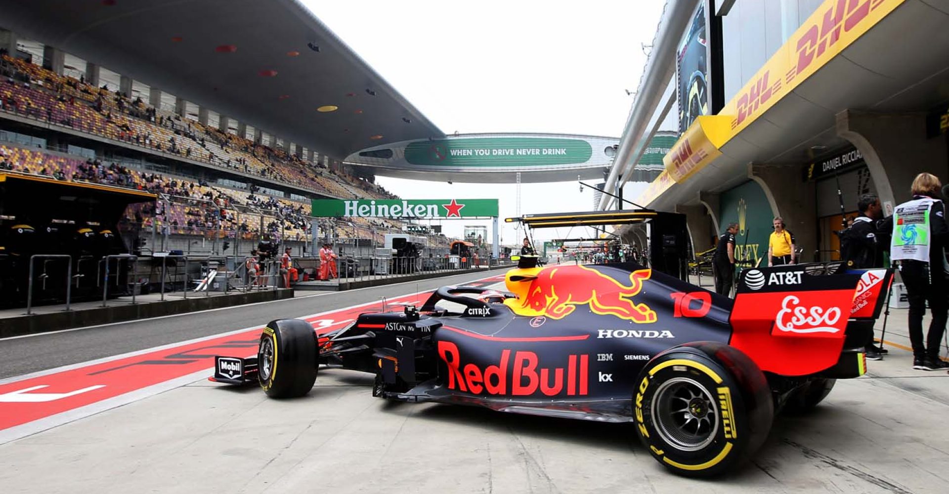 SHANGHAI, CHINA - APRIL 12: Pierre Gasly of France driving the (10) Aston Martin Red Bull Racing RB15 leaves the garage during practice for the F1 Grand Prix of China at Shanghai International Circuit on April 12, 2019 in Shanghai, China. (Photo by Charles Coates/Getty Images) // Getty Images / Red Bull Content Pool  // AP-1YZQZPR592111 // Usage for editorial use only // Please go to www.redbullcontentpool.com for further information. //