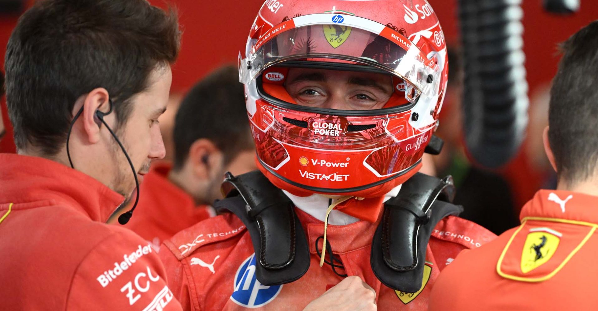 LAS VEGAS, NEVADA - NOVEMBER 22: Charles Leclerc of Monaco and Ferrari prepares to drive in the garage during qualifying ahead of the F1 Grand Prix of Las Vegas at Las Vegas Strip Circuit on November 22, 2024 in Las Vegas, Nevada. (Photo by Mark Sutton - Formula 1/Formula 1 via Getty Images)