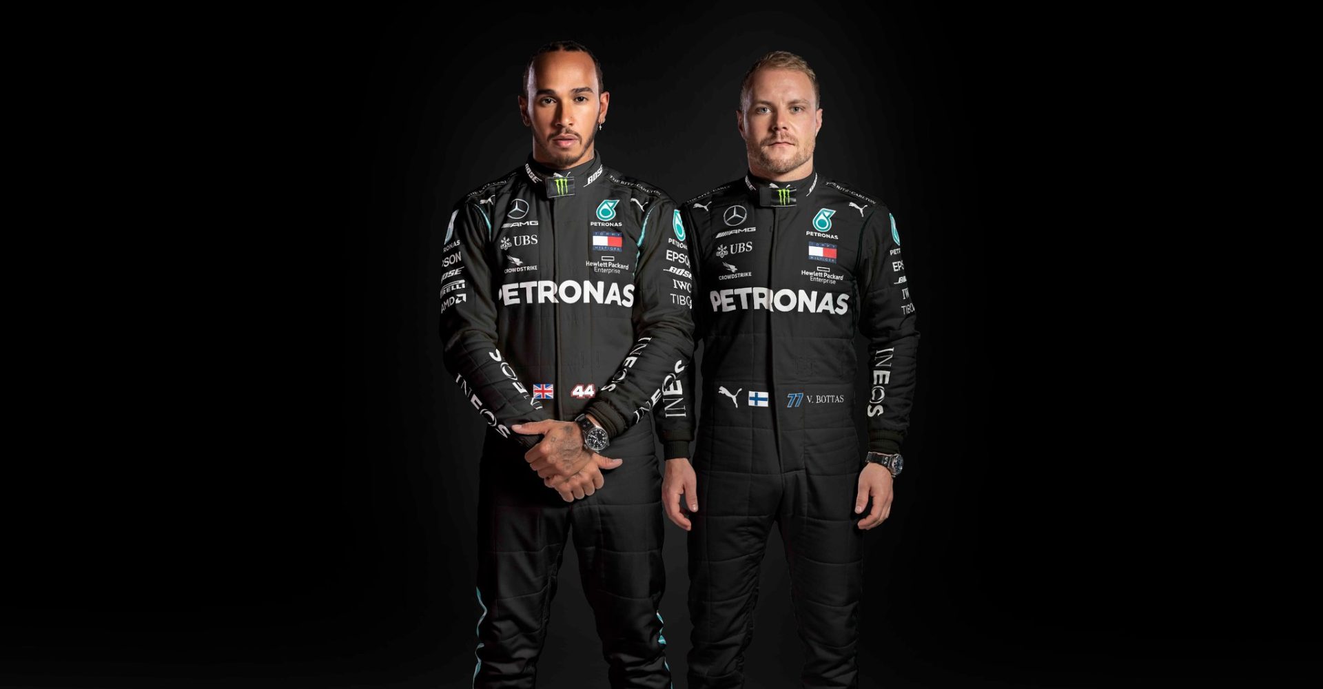 Lewis Hamilton Valtteri Bottas Mercedes black overalls