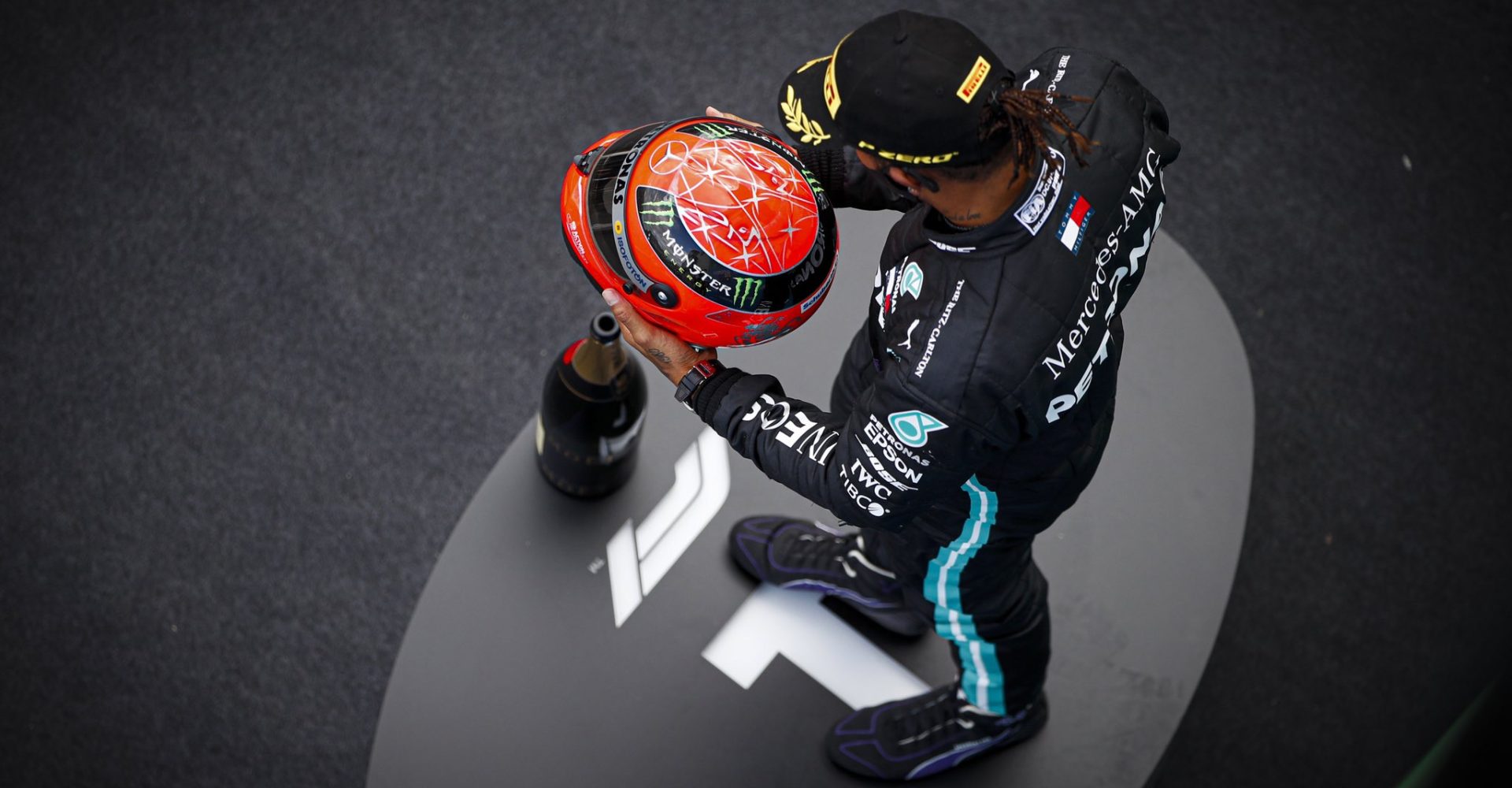 Lewis Hamilton Mercedes with Michael Schumacher's helmet