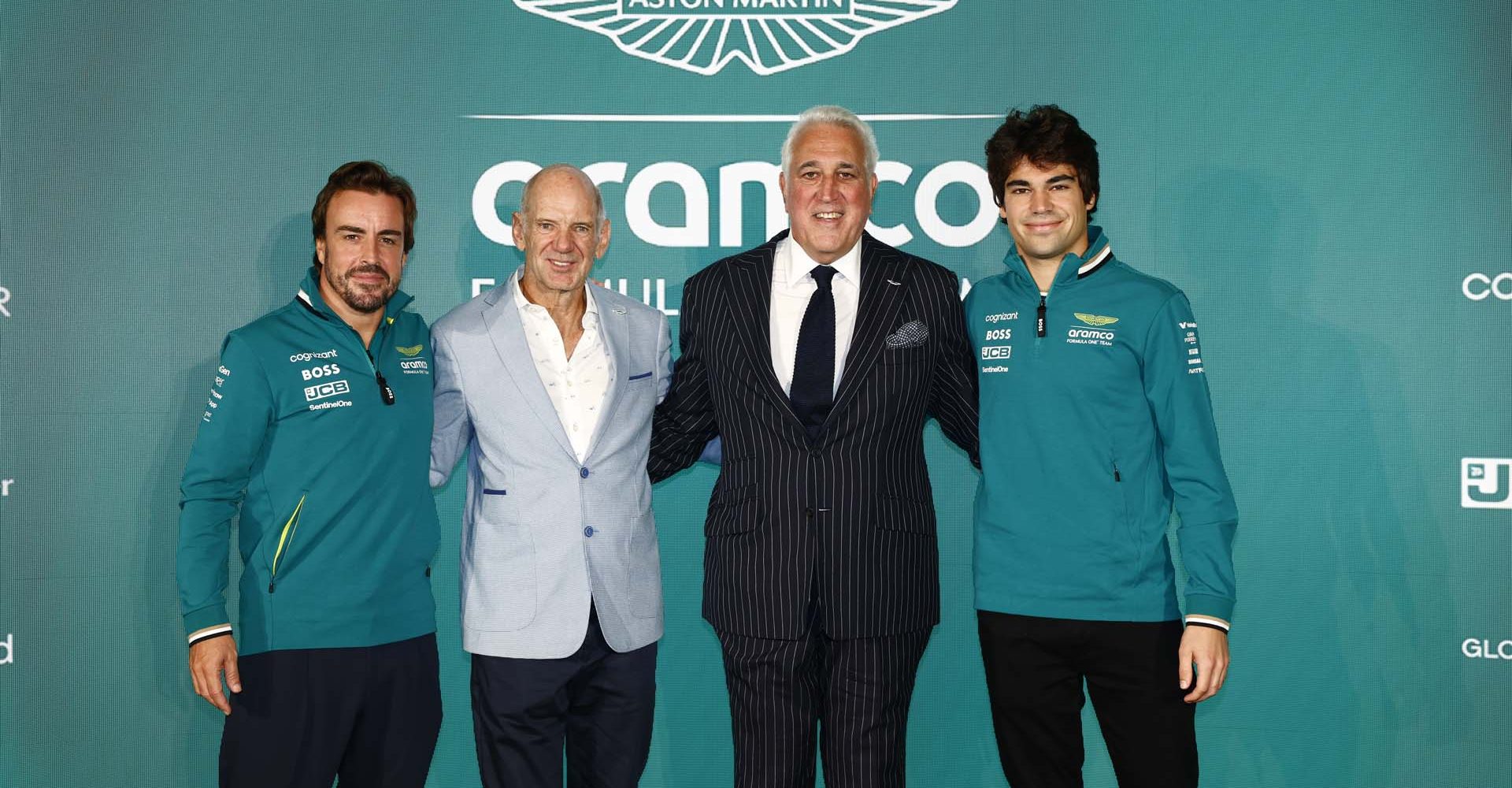 Portrait, Aston Martin HQ Silverstone, F12416a, F1, GP, Great Britain
Fernando Alonso, Aston Martin F1 Team, Adrian Newey, Lawrence Stroll, Owner, Aston Martin F1 Team, and Lance Stroll, Aston Martin F1 Team