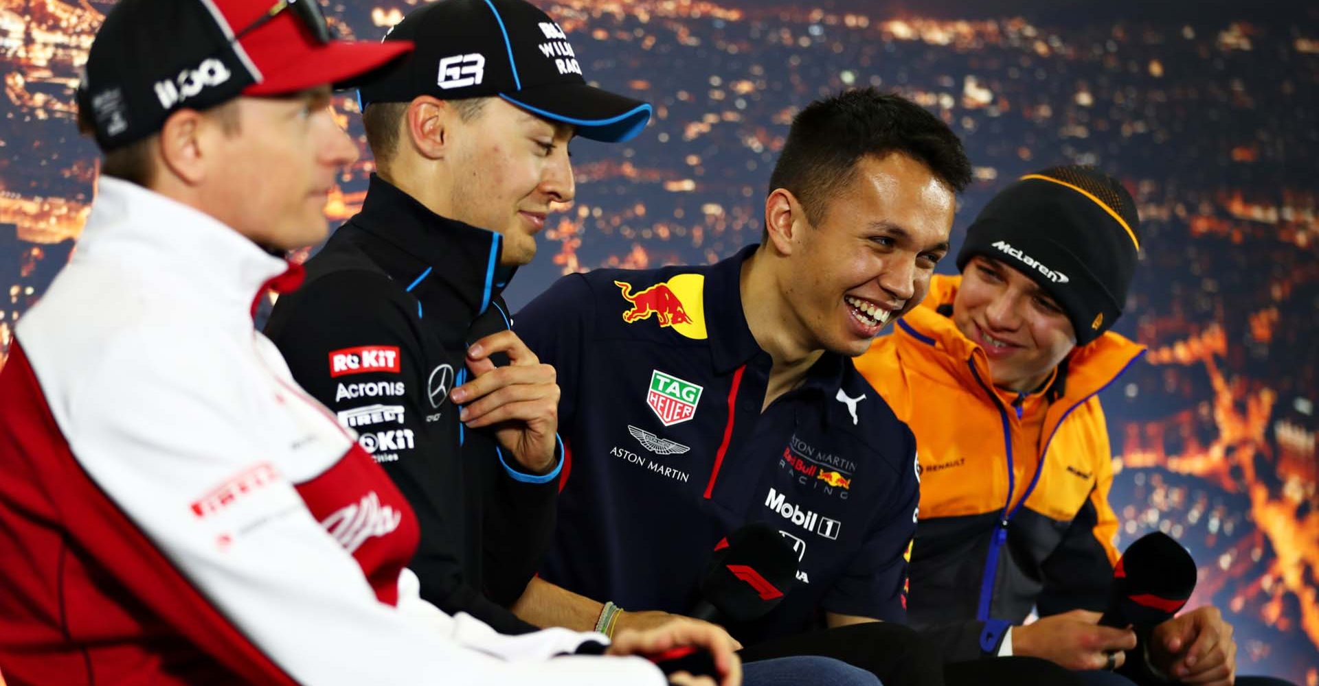 BARCELONA, SPAIN - FEBRUARY 19: Alexander Albon of Thailand and Red Bull Racing and Lando Norris of Great Britain and McLaren F1 talk in the press conference with George Russell of Great Britain and Williams and Kimi Raikkonen of Finland and Alfa Romeo Racing during day one of Formula 1 Winter Testing at Circuit de Barcelona-Catalunya on February 19, 2020 in Barcelona, Spain. (Photo by Dan Istitene/Getty Images) // Getty Images / Red Bull Content Pool  // AP-235JWNAH51W11 // Usage for editorial use only //