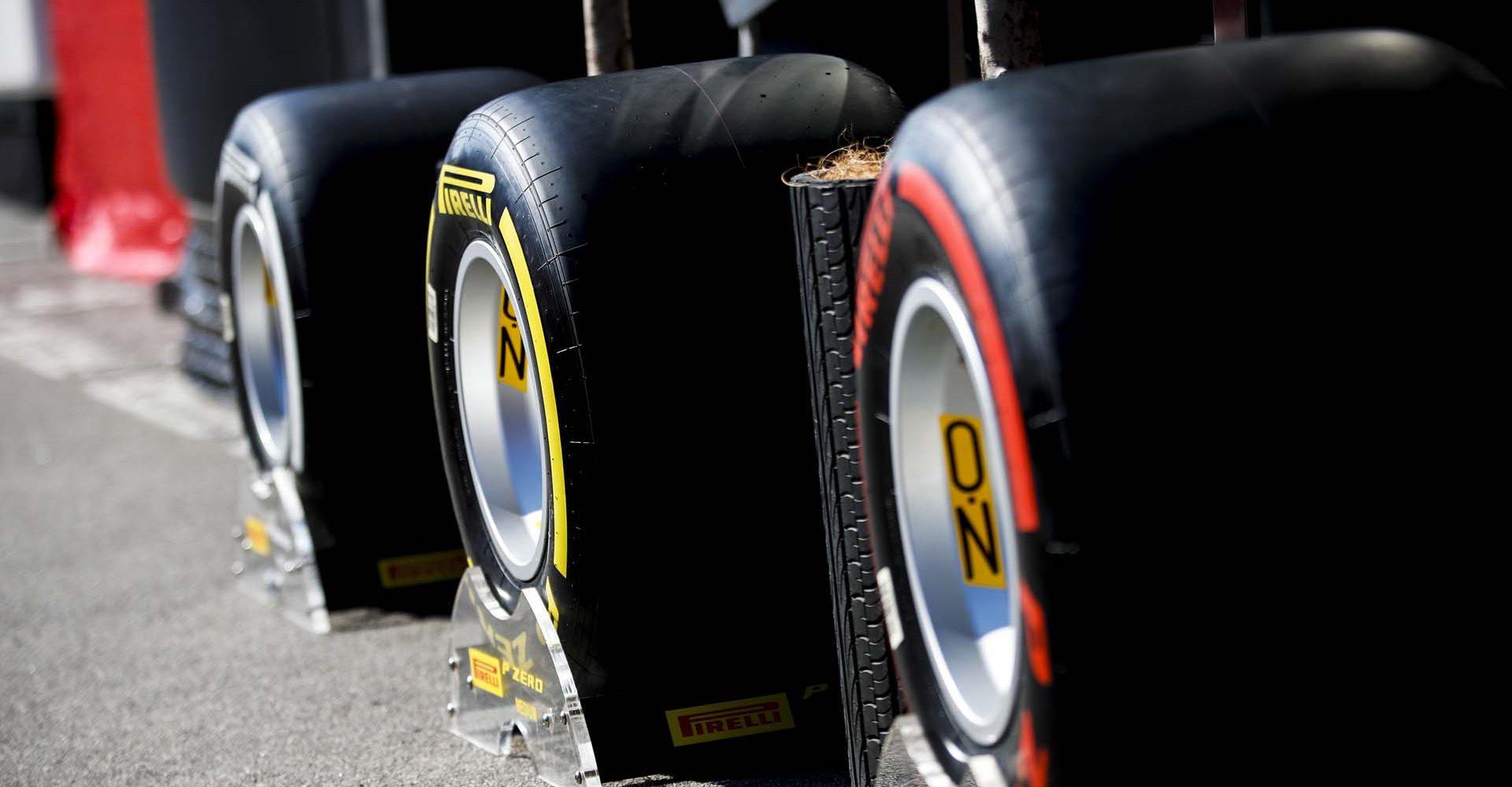 CIRCUIT DE BARCELONA-CATALUNYA, SPAIN - FEBRUARY 21: Tyres outside Pirelli Hospitality during the Barcelona February testing I at Circuit de Barcelona-Catalunya on February 21, 2020 in Circuit de Barcelona-Catalunya, Spain. (Photo by Zak Mauger / LAT Images)