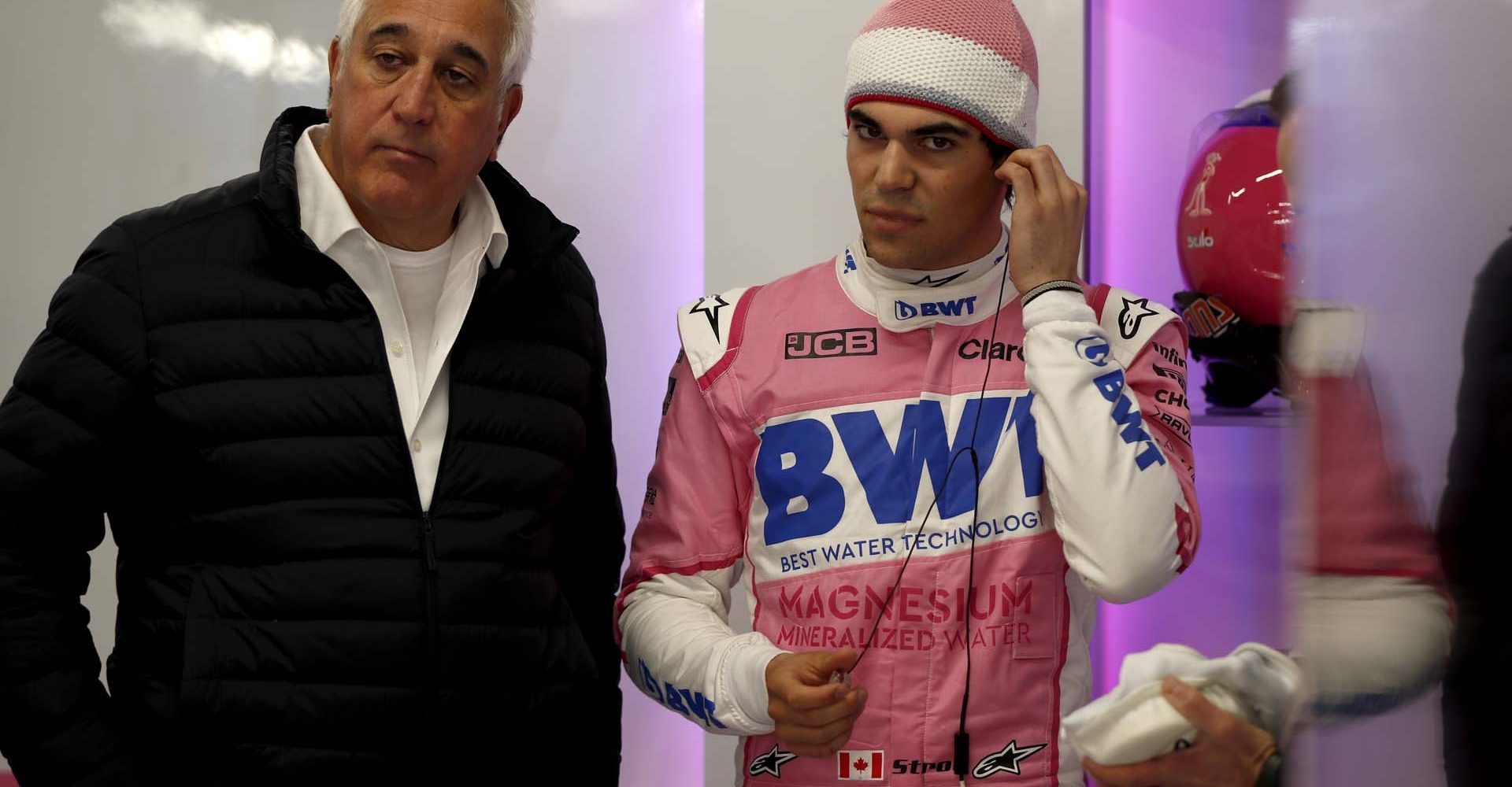 Lawrence Stroll, Owner, Racing Point and Lance Stroll, Racing Point in the garage before testing