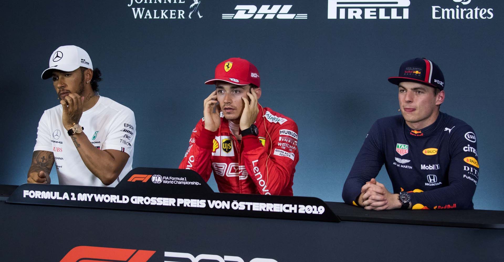 SPIELBERG,AUSTRIA,29.JUN.19 - MOTORSPORTS, FORMULA 1 - Grand Prix of Austria, Red Bull Ring, qualification. Image shows Lewis Hamilton (GBR/ Mercedes), Charles Leclerc (MON/ Ferrari) and Max Verstappen (NED/ Red Bull Racing). Photo: GEPA pictures/ Daniel Goetzhaber - For editorial use only. Image is free of charge.