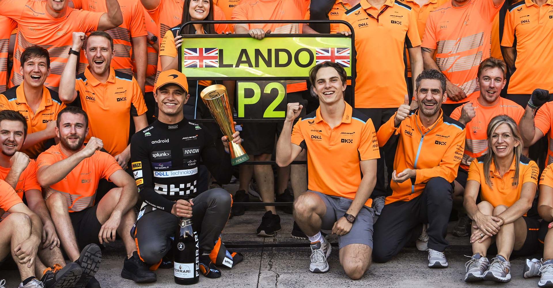 Lando Norris, McLaren, 2nd position, and Oscar Piastri, McLaren, Andrea Stella, Team Principal, McLaren, and the McLaren team celebrate after the race