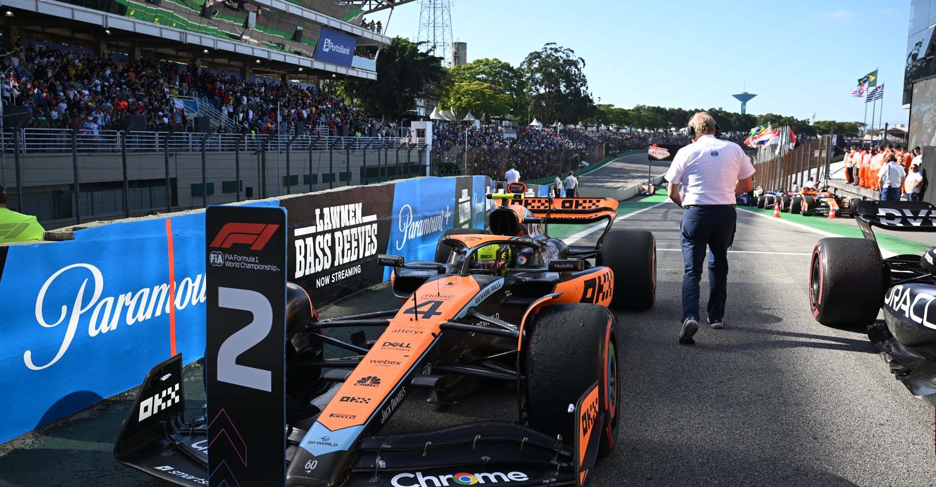 Lando Norris, McLaren MCL60, 2nd position, arrives in Parc Ferme