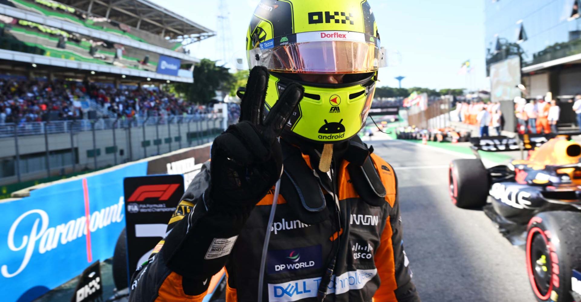 Lando Norris, McLaren, 2nd position, celebrates on arrival in Parc Ferme