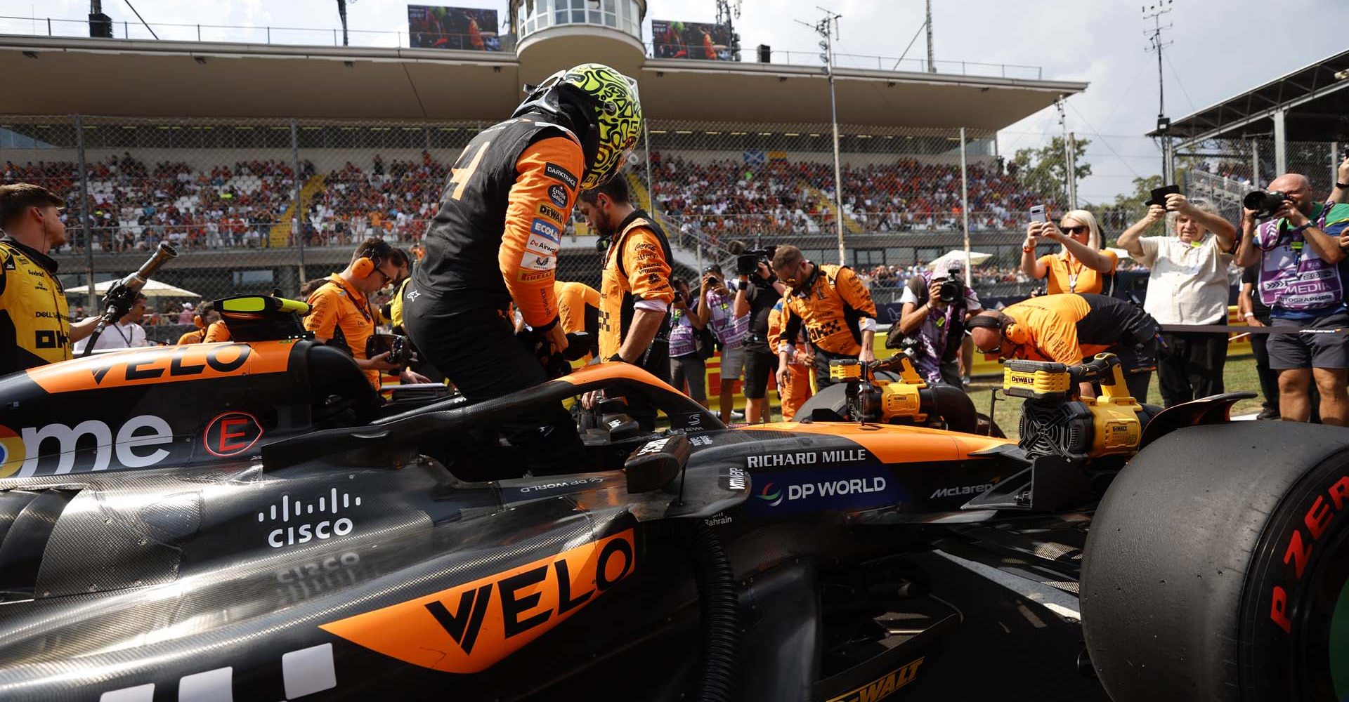 Lando Norris, McLaren F1 Team, gets out of the car on the grid