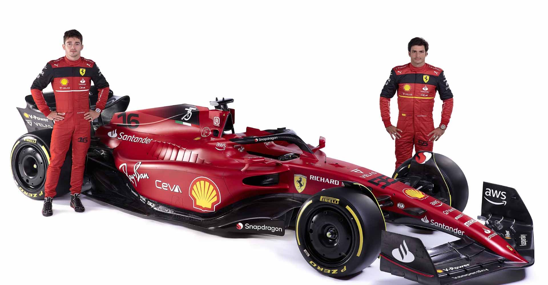 Charles Leclerc, Carlos Sainz, Mattia Binotto, Ferrari F1-75, studio image, launch