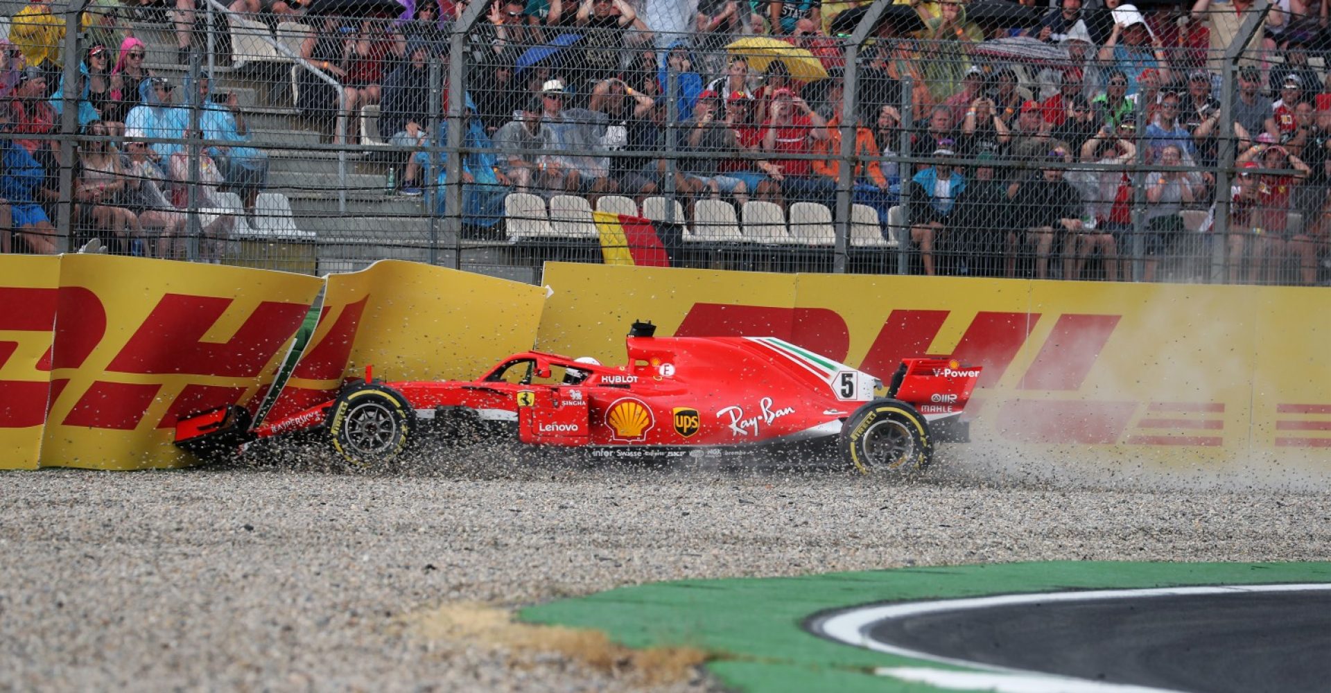 HOCKENHEIMRING, GERMANY - JULY 22: Sebastian Vettel (GER) Ferrari SF-71H crashes out of the race during the German GP at Hockenheimring on July 22, 2018 in Hockenheimring, Germany. (Photo by Hasan Bratic / Sutton Images)