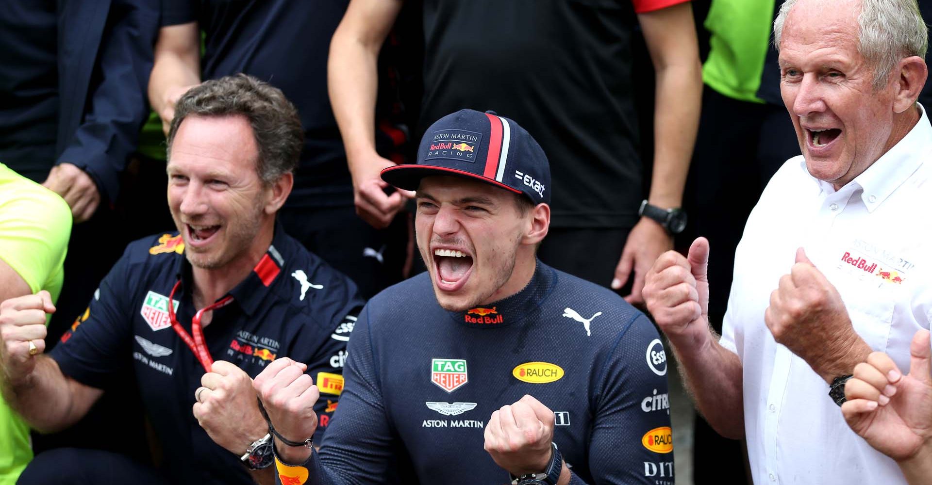 HOCKENHEIM, GERMANY - JULY 28: Race winner Max Verstappen of Netherlands and Red Bull Racing celebrates with his team after the F1 Grand Prix of Germany at Hockenheimring on July 28, 2019 in Hockenheim, Germany. (Photo by Charles Coates/Getty Images) // Getty Images / Red Bull Content Pool  // AP-213B1NS692511 // Usage for editorial use only // Please go to www.redbullcontentpool.com for further information. //