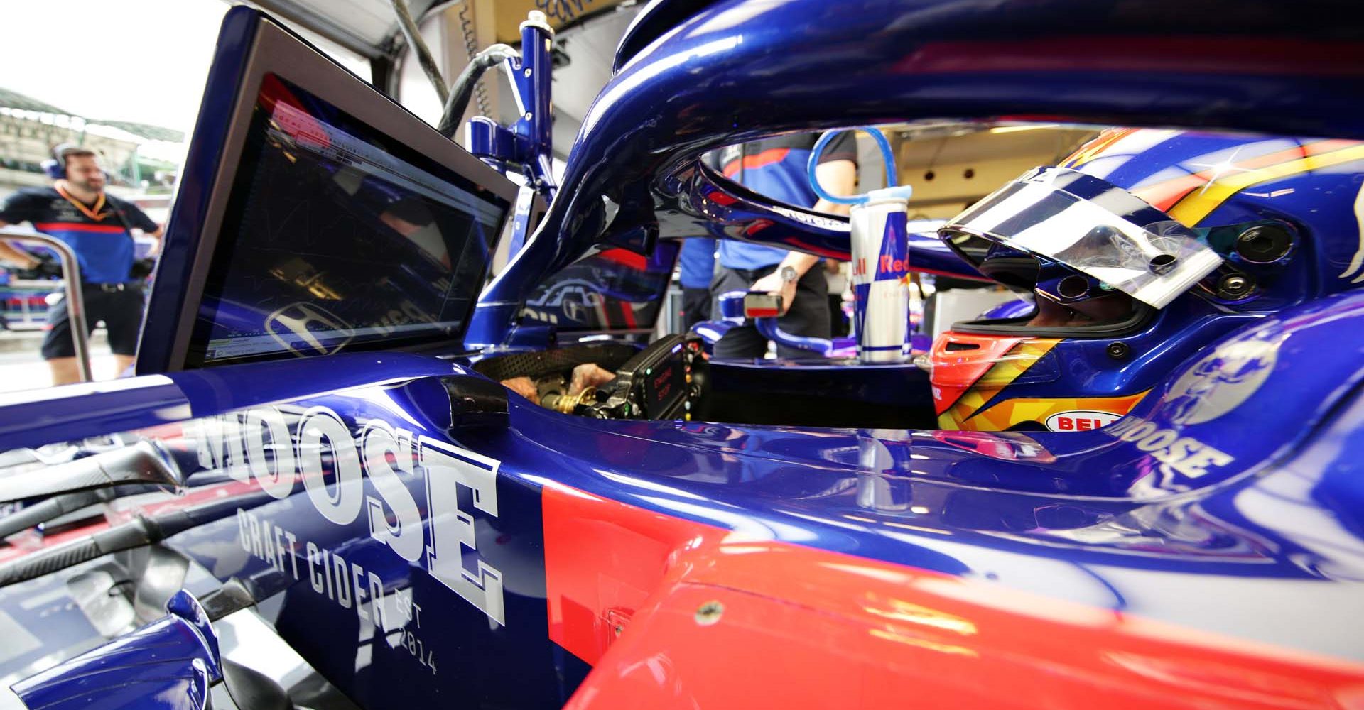 BUDAPEST, HUNGARY - AUGUST 02: Alexander Albon of Thailand and Scuderia Toro Rosso prepares to drive in the garage during practice for the F1 Grand Prix of Hungary at Hungaroring on August 02, 2019 in Budapest, Hungary. (Photo by Peter Fox/Getty Images) // Getty Images / Red Bull Content Pool  // AP-214UE91PD2111 // Usage for editorial use only // Please go to www.redbullcontentpool.com for further information. //