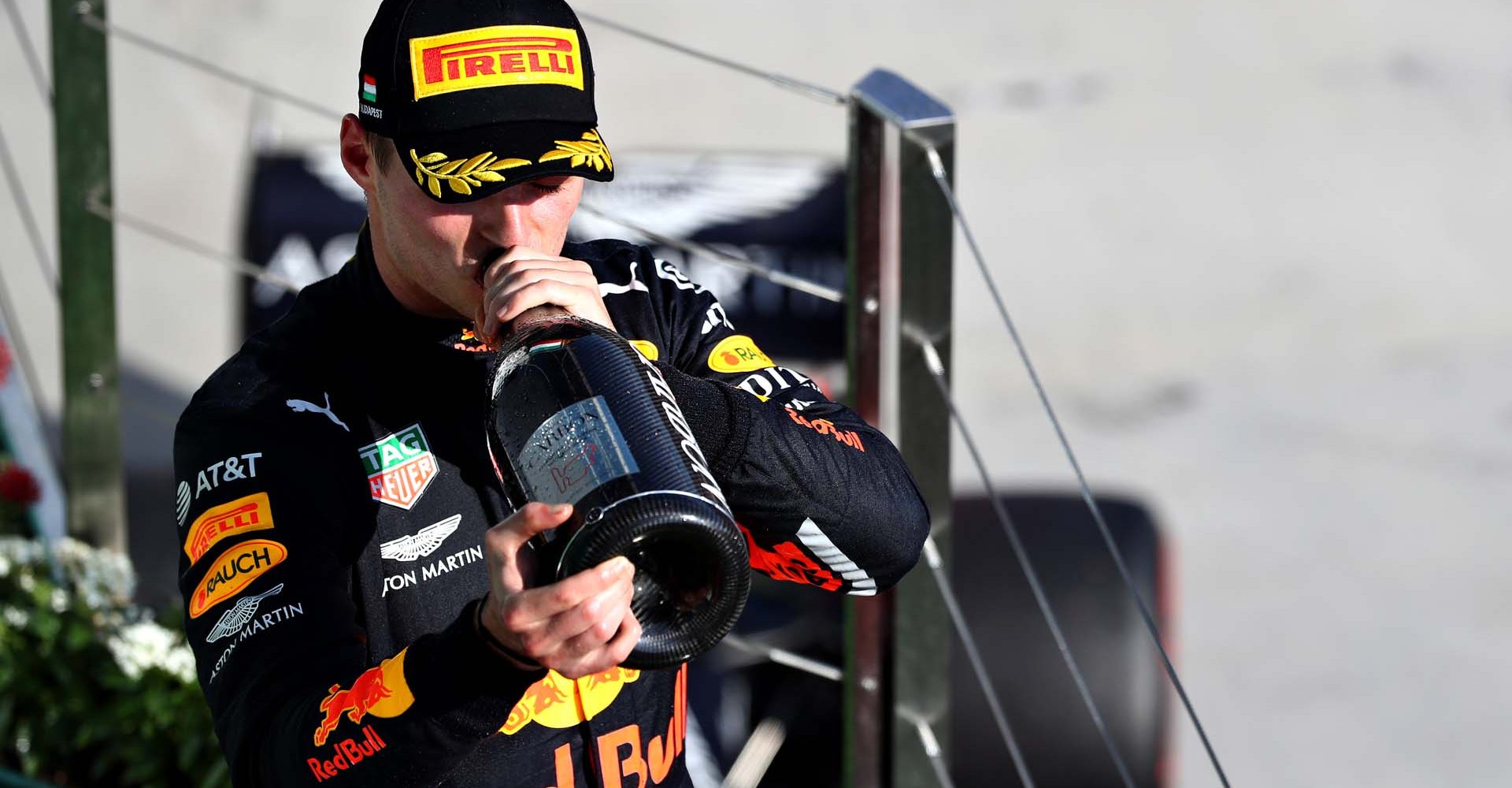 BUDAPEST, HUNGARY - AUGUST 04: Second placed Max Verstappen of Netherlands and Red Bull Racing celebrates on the podium during the F1 Grand Prix of Hungary at Hungaroring on August 04, 2019 in Budapest, Hungary. (Photo by Mark Thompson/Getty Images) // Getty Images / Red Bull Content Pool  // AP-215JMRMTW1W11 // Usage for editorial use only // Please go to www.redbullcontentpool.com for further information. //