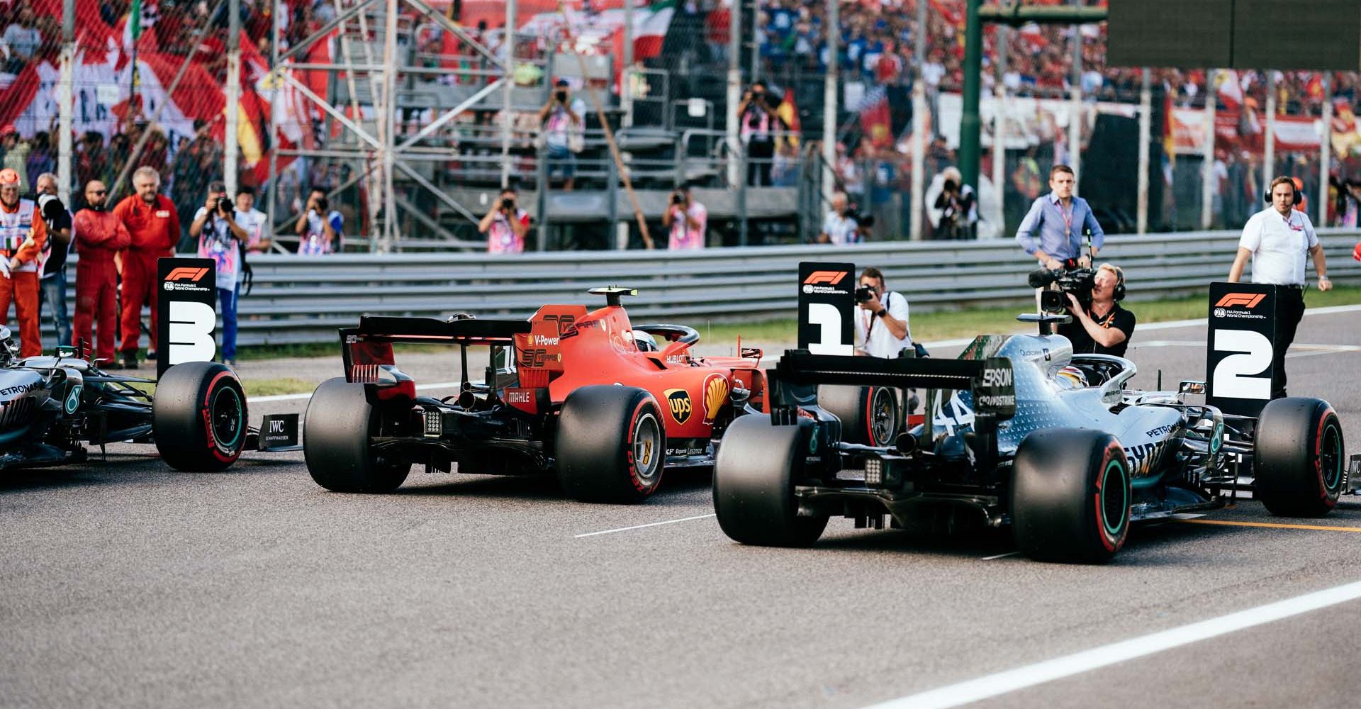 2019 Italian Grand Prix, Saturday - Paul Ripke Charles Leclerc (Ferrari), Lewis Hamilton (Mercedes), Valtteri Bottas (Mercedes)