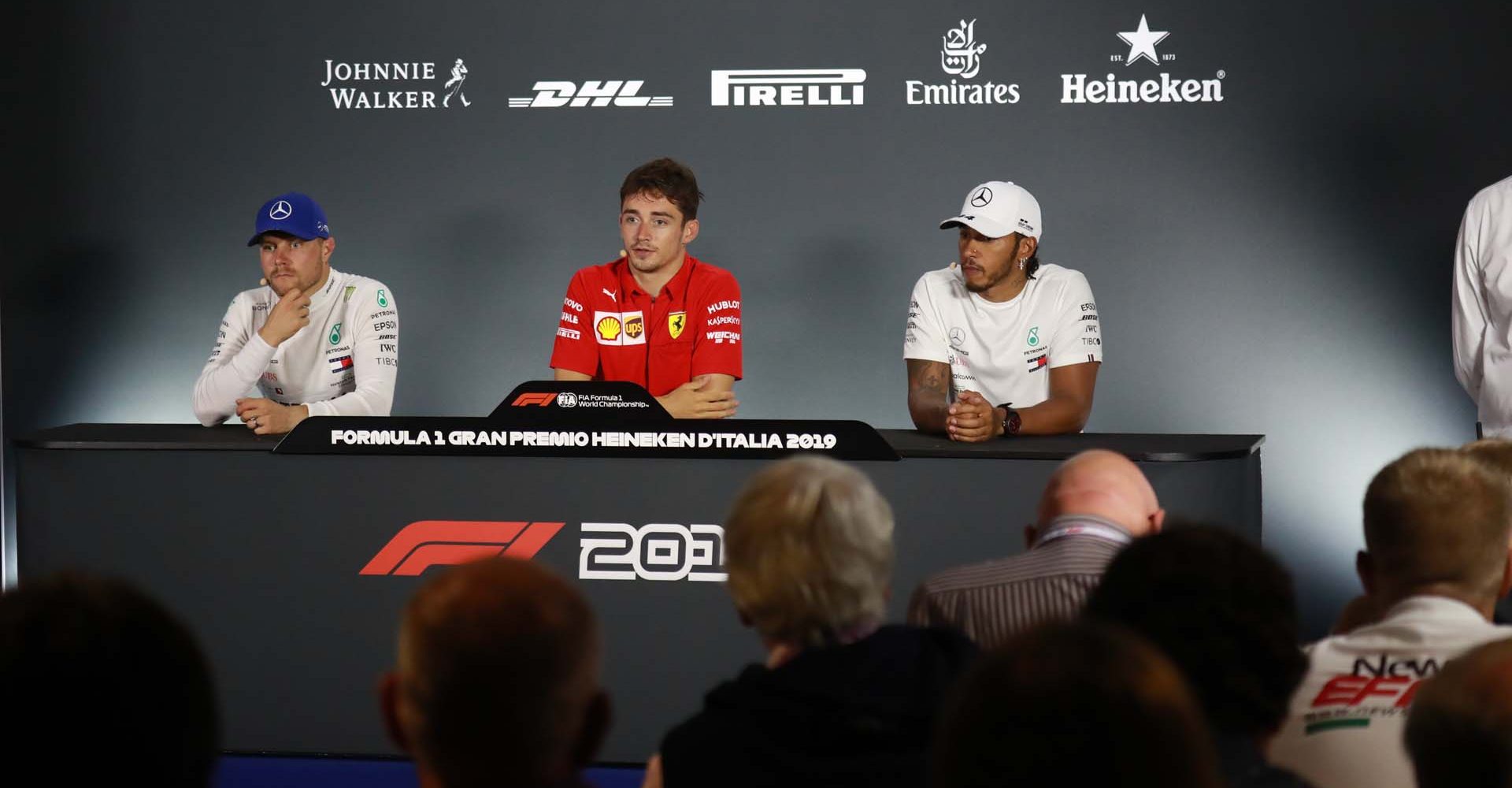 Valtteri Bottas (Mercedes), Charles Leclerc (Ferrari) & Lewis Hamilton (Mercedes) during the press conference after the Italian Grand Prix in Monza (2019)