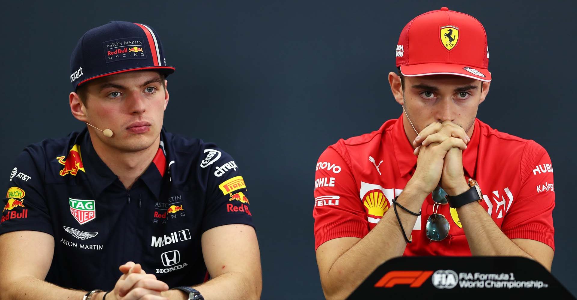 SUZUKA, JAPAN - OCTOBER 10: Max Verstappen of Netherlands and Red Bull Racing and Charles Leclerc of Monaco and Ferrari look on in the Drivers Press Conference during previews ahead of the F1 Grand Prix of Japan at Suzuka Circuit on October 10, 2019 in Suzuka, Japan. (Photo by Dan Istitene/Getty Images) // Getty Images / Red Bull Content Pool  // AP-21TZ4B1N91W11 // Usage for editorial use only //