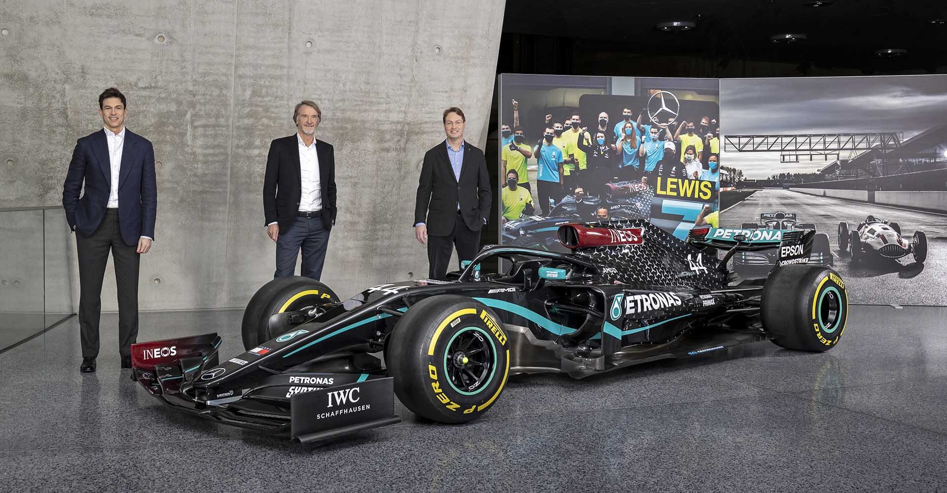 Toto Wolff, Sir Jim Ratcliffe and Ola Källenius with the Mercedes-AMG F1 W11 EQ Performance